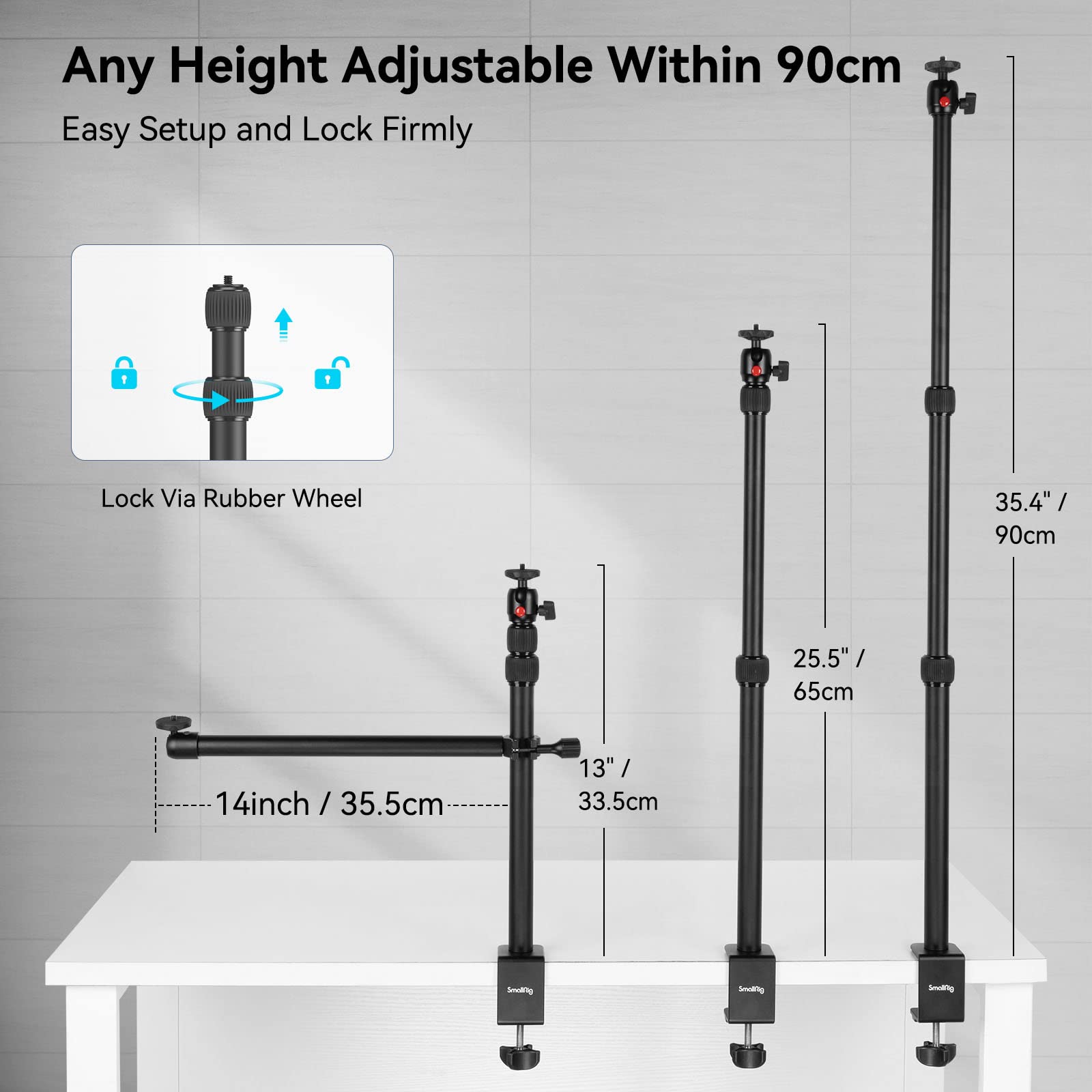 Smallrig Camera Desk Mount Table Stand With Magic Arm And 1/4'' Ball Head, 13'' 35.4'' Adjustable Light Stand, Tabletop C Clamp