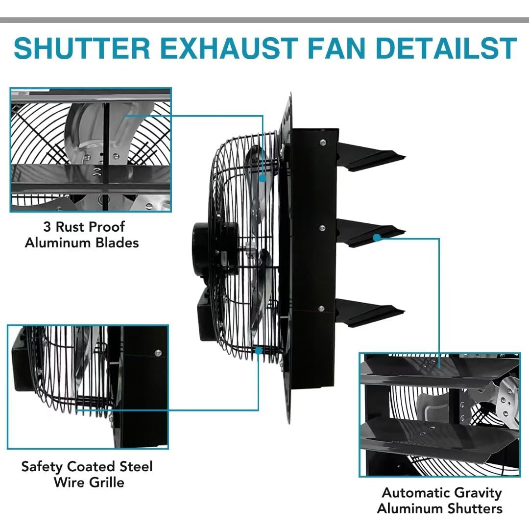 Ventisol 14 Inch Shutter Exhaust Fan Wall Mounted, Aluminum Blades, With 1.65 Meters Power Cord Kit, Max.1950Cfm, Ventilation Fa