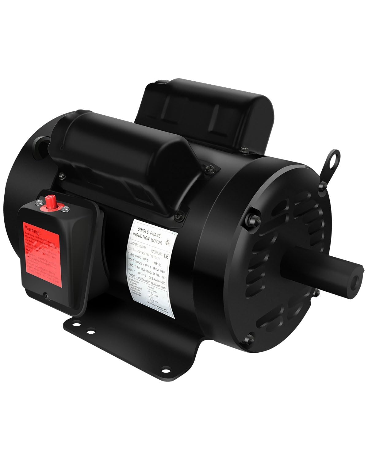 5HP Electric Motor, Air Compressor Motor, 1750 RPM, Single Phase,184T Frame, 208V-230V, 1-1/8Shaft Diameter Rolled Steel Shell 6