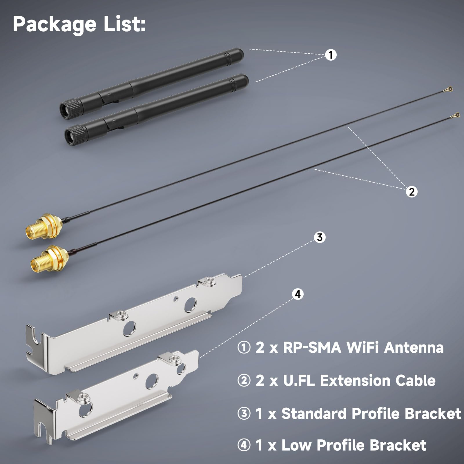 Bingfu M.2 Wifi Antenna 2.4Ghz 5Ghz 5.8Ghz 3Dbi Mimo Rp Sma Male + 2 X 12 Inch Ngff Ipex4 To Rp Sma Cable + Pci Slot Bracket For