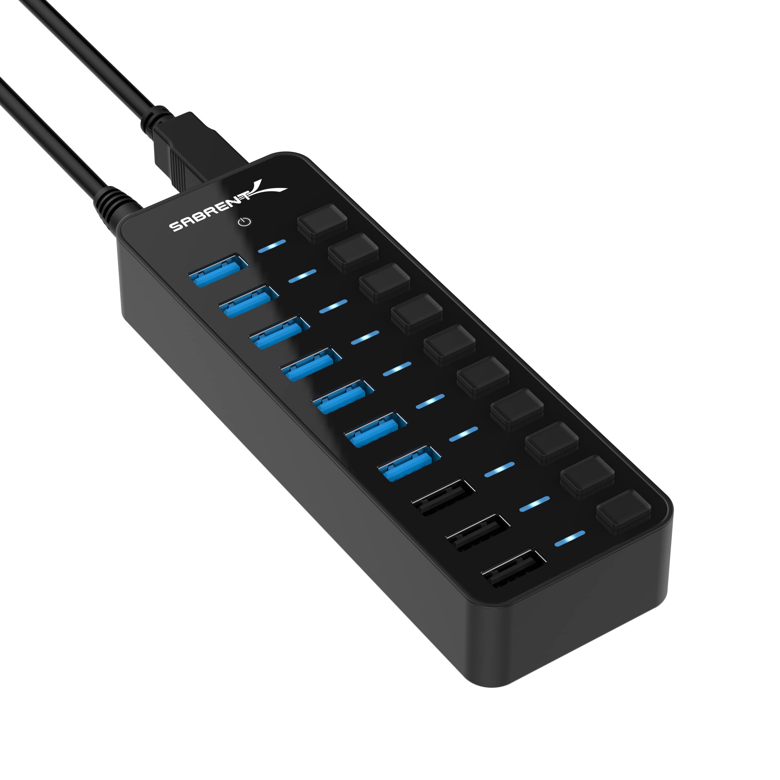 Sabrent 60W 10 Port Usb 3.0 Hub Includes 3 Smart Charging Ports With Individual Power Switches And Leds And 60W 12V/5A Power Ada
