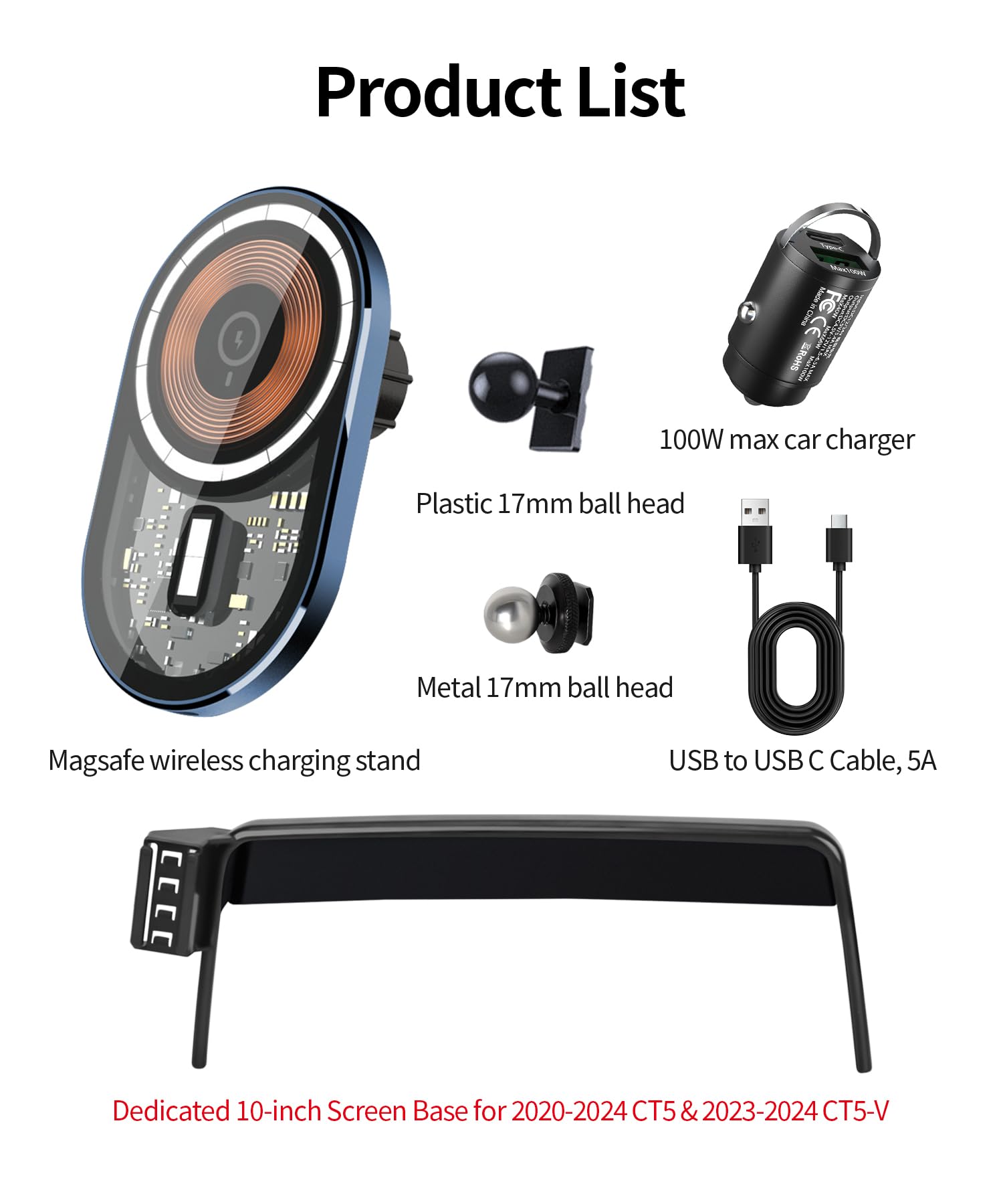 Masergogo Wireless Charging Car Phone Holder For Cadillac Ct5 2020-2024 / Ct5-V 2023-2024 Accessories 10 Inch Screen Fixed Clip,