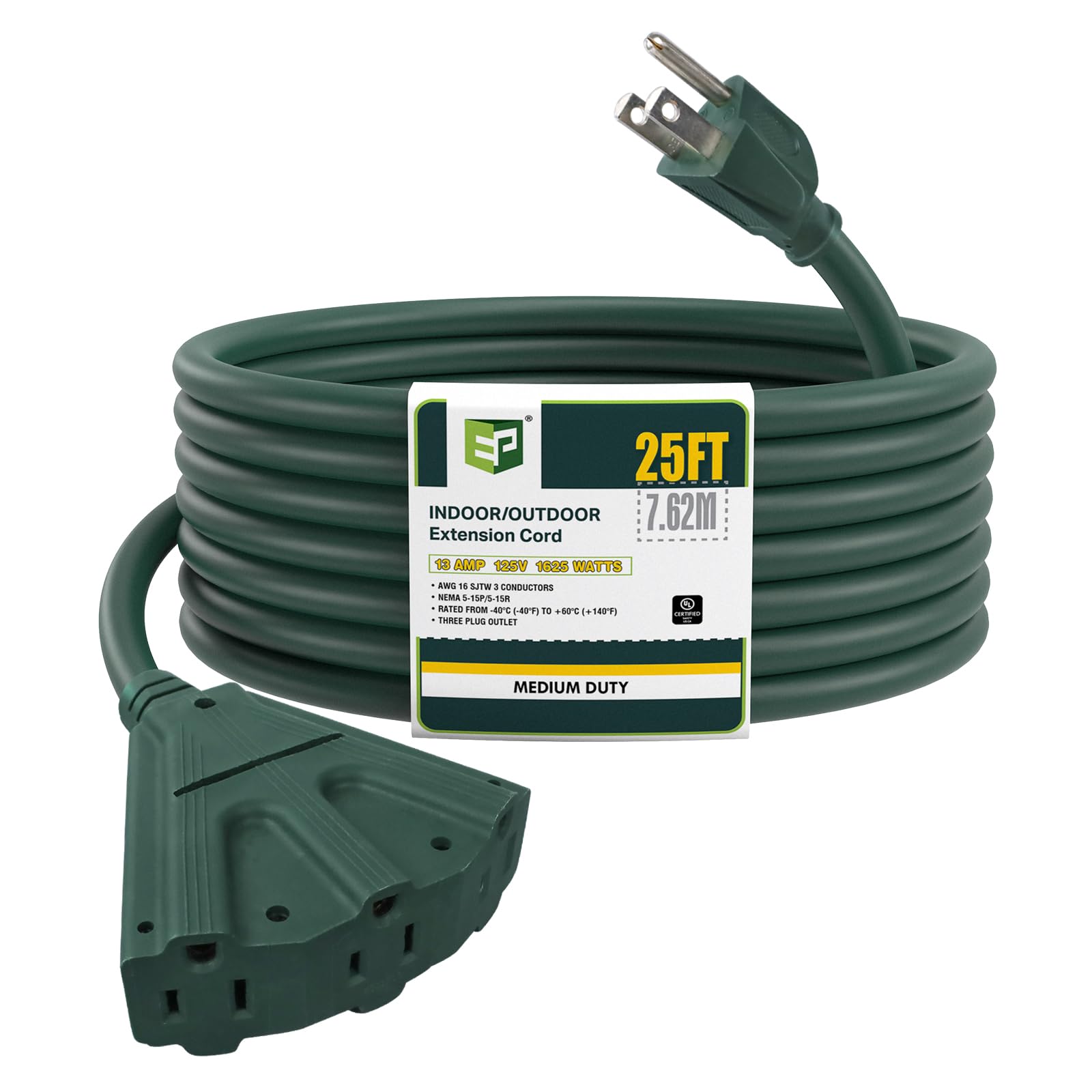 Ep 25 Ft Outdoor Extension Cord With 3 Electrical Power Outlets   16/3 Sjtw Green Cable With 3 Prong Grounded Plug For Safety Gr