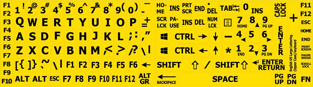 English Us Large Lettering Keyboard Sticker (Upper Case) Yellow Background For Desktop, Laptop And Notebook (Manufactured 4Keybo