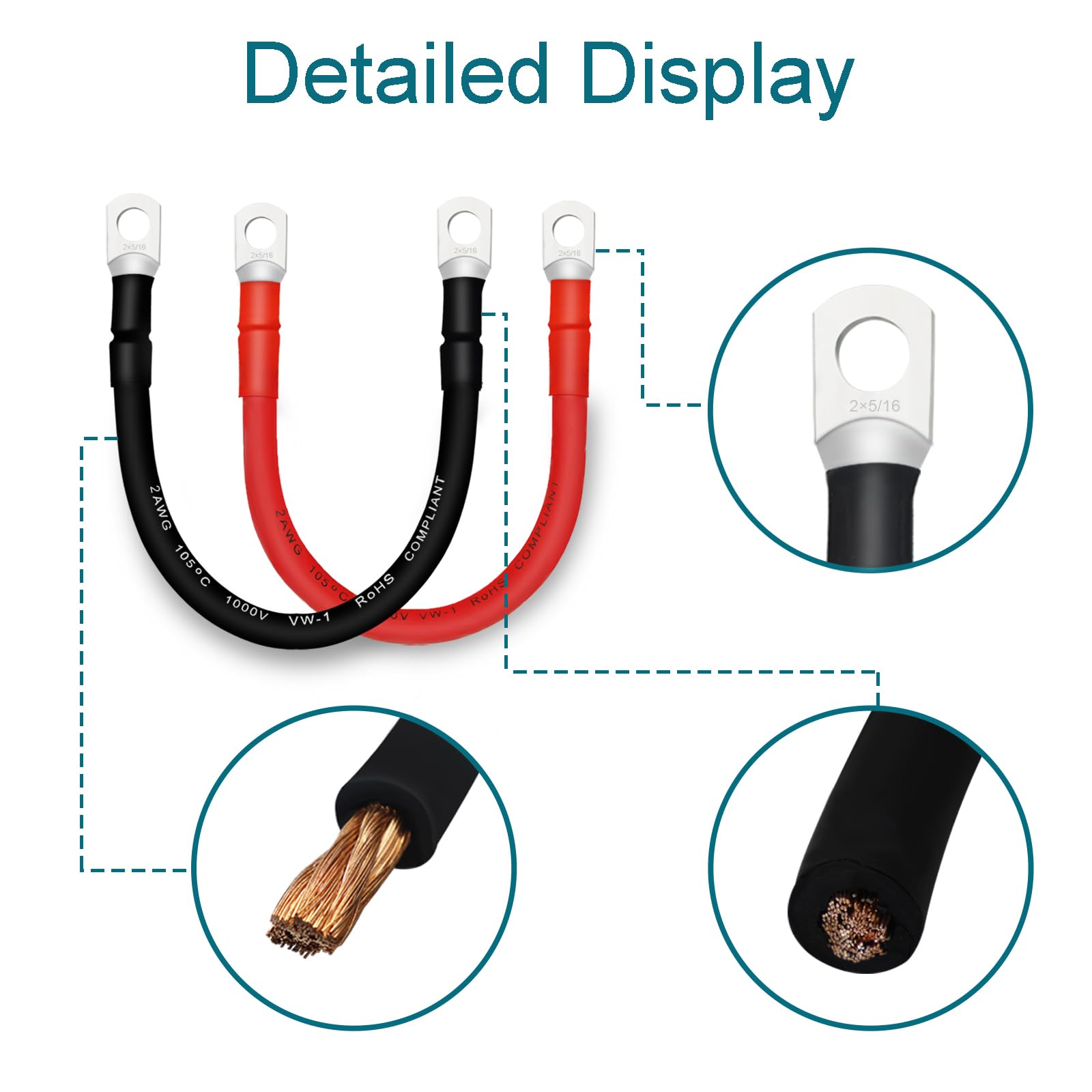 Qiatol Battery Cable, 2 Awg Battery Cables With Terminals, 2Pcs Copper Battery Cables(1Ft).