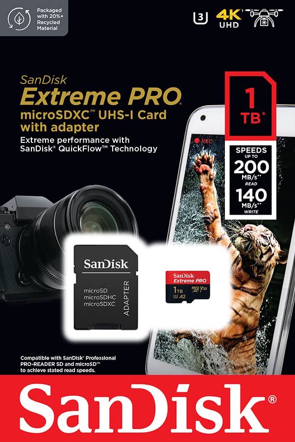 Sandisk Extreme Pro Microsdxc Uhs-I Memory Card 1 Tb + Adapter & Rescuepro Deluxe (For Smartphones, Action Cameras Or Drones, A2