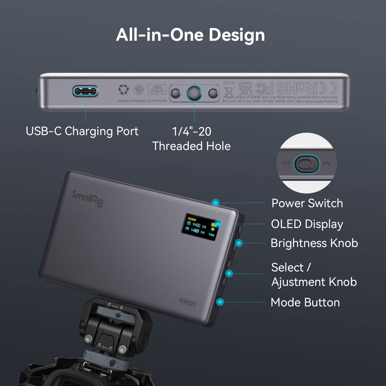 Smallrig Rm120 Rgb Video Light, 5000Mah 180 Minutes Portable Camera Light 7W Output Power, Led Video Light Panel, 2500 8500K Cri