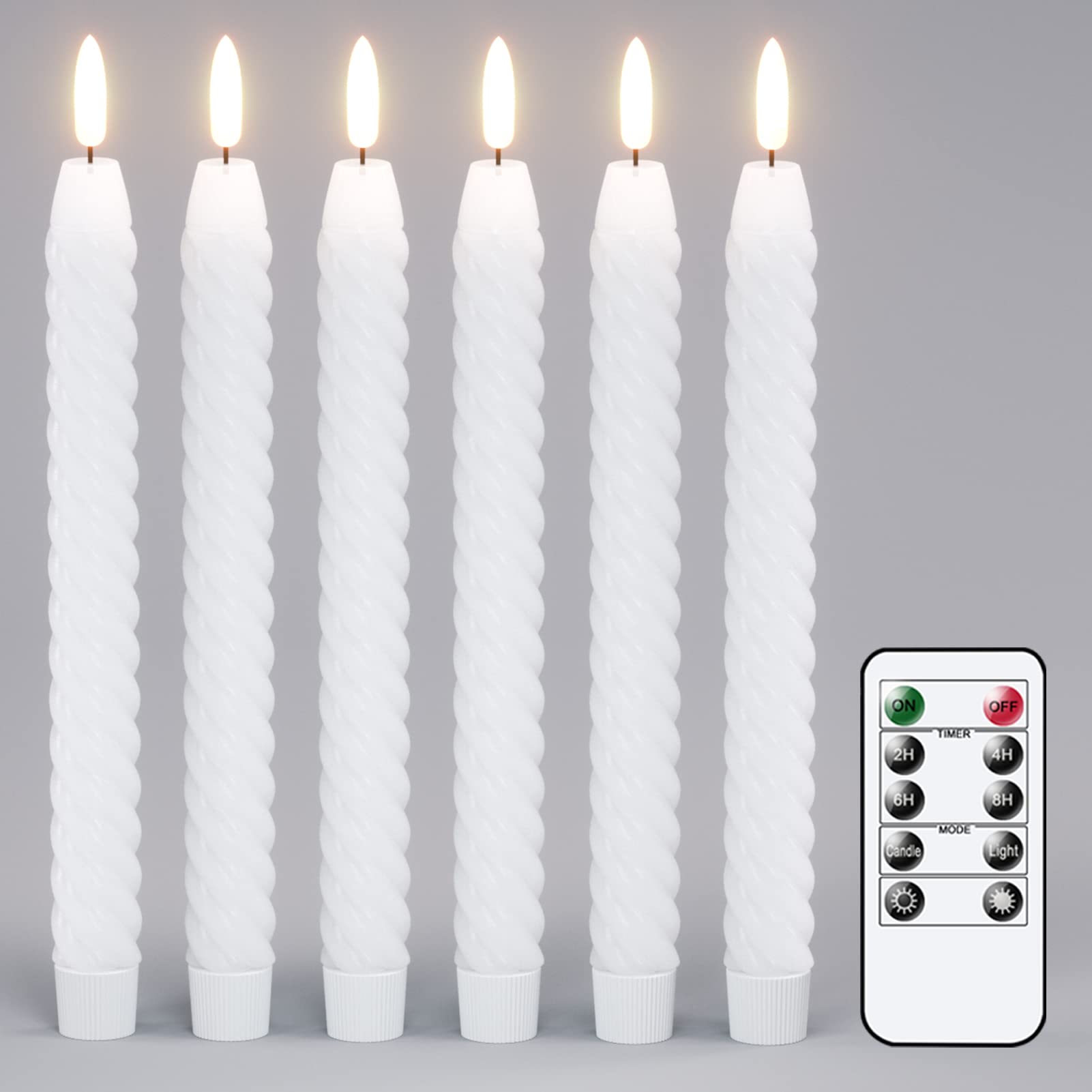Lasumora Flameless Taper Candles White Flickering with Remote Timer, Battery Operated Candlesticks 3D Wick LED Spiral Candles 6 