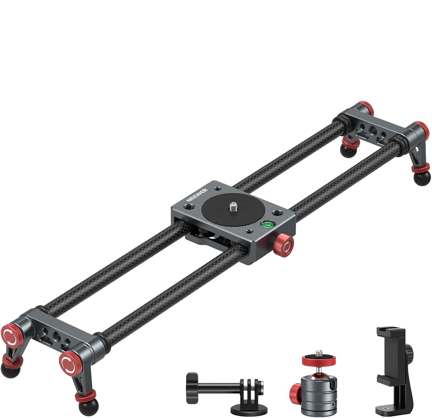 NEEWER 16in/40cm Carbon Fiber Camera Slider with 360 Ball Head/Phone Clamp/Action Camera Mount, Dolly Rail Track with 4 Bearings