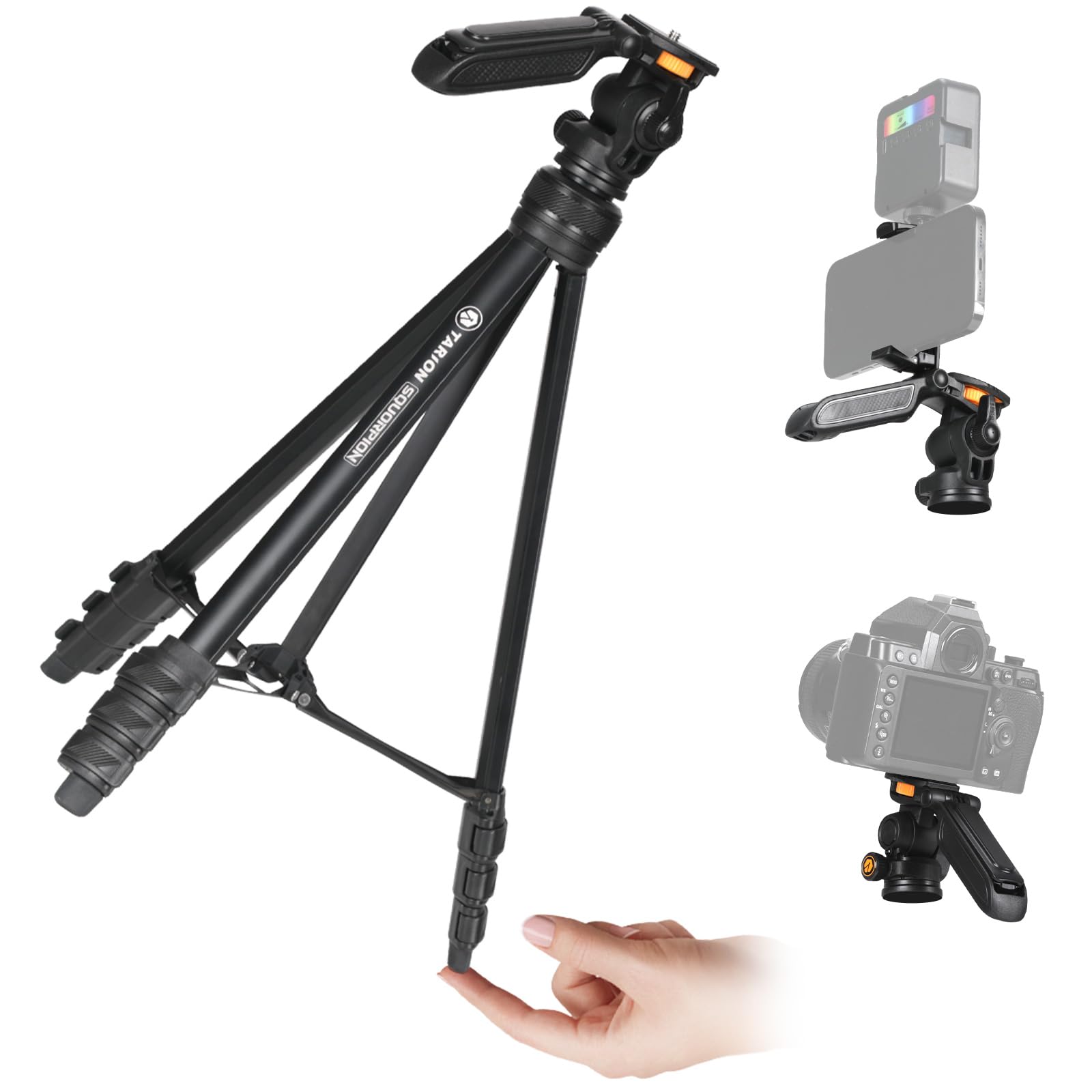 Tarion Travel Tripod For Camera & Phone   Lightweight Camera Tripod Stand With Detachable Pan Tilt Head & Hidden Phone Holder   55'/139Cm Aluminum Tall Dslr Video Tripod For Vlog Photography Squorpion