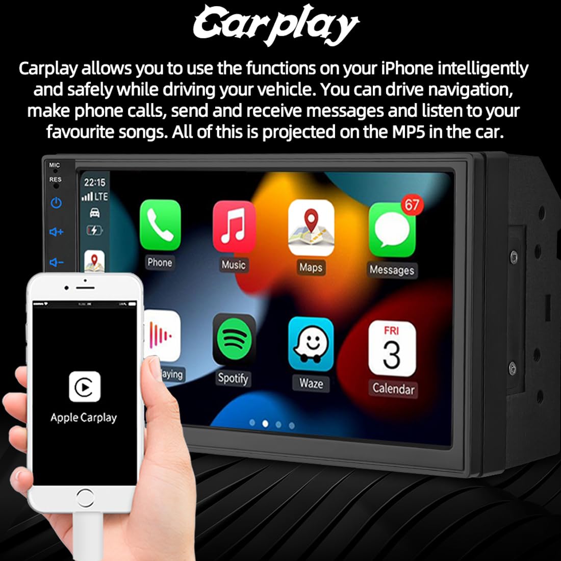 12V 7 Inch Car Radio 2 Din Stereo Fm Compatiable With Android Auto For Carplay Mp5 Player Bluetooth Mirror Link With 8 Led Rever