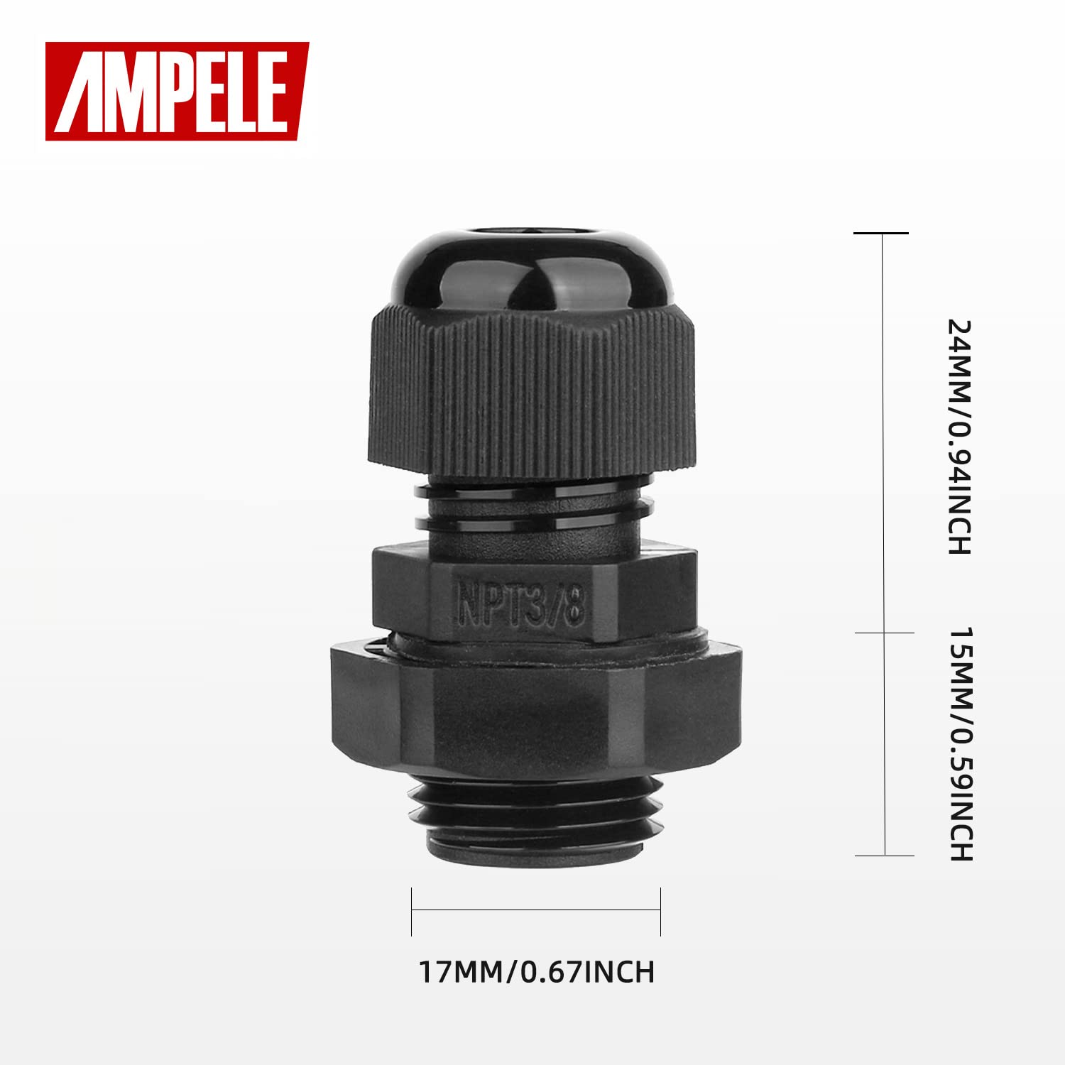 Ampele 20 Pack 3/8'' Npt Cable Gland Waterproof Adjustable 4 8Mm/0.16 0.31Inch Nylon Cable Glands Joints With Gaskets (3/8'', 20