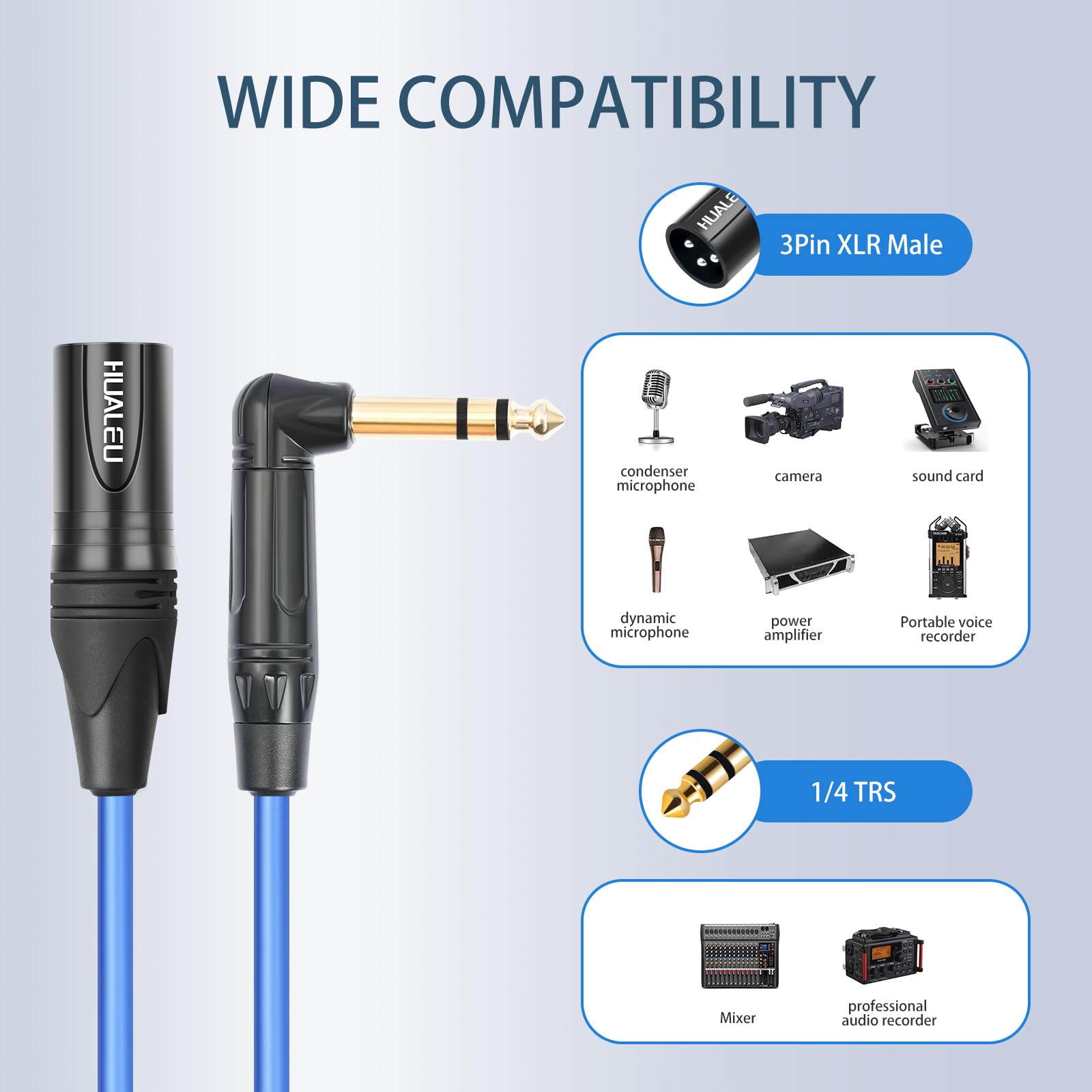 Hualeu 3.3Ft Right Angle 1/4 Trs To Xlr 3Pin Male Audio Cable,6N Ofc+Silver Plated Hi End Audio Cable,Right Angle 6.35Mm Ts To X