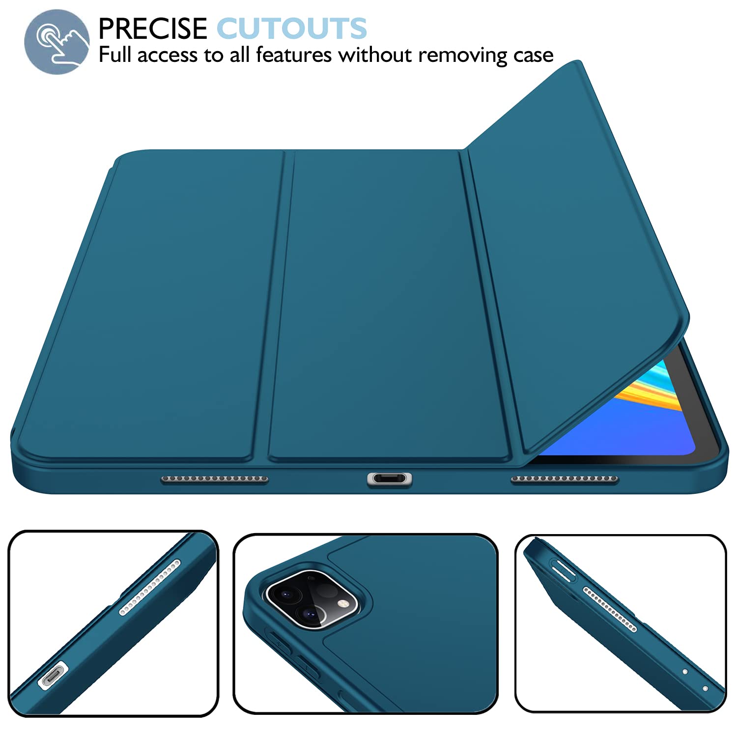 Imieet New Ipad Pro 12.9 Case 2022(6Th Gen)/2021(5Th Gen) With Pencil Holder [Support Ipad 2Nd Pencil Charging/Pair],Trifold Stand Smart Case With Soft Tpu Back,Auto Wake/Sleep(Teal)