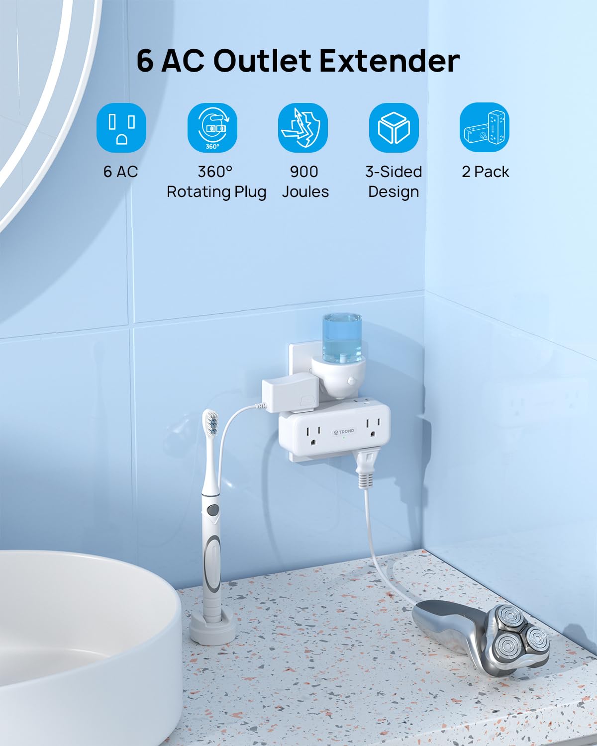 Trond Multi Plug Outlet Extender 2 Pack   6 Ac Outlet Splitter With Rotating Plug 360, 900J Surge Protector, 3 Way Multiplug Exp