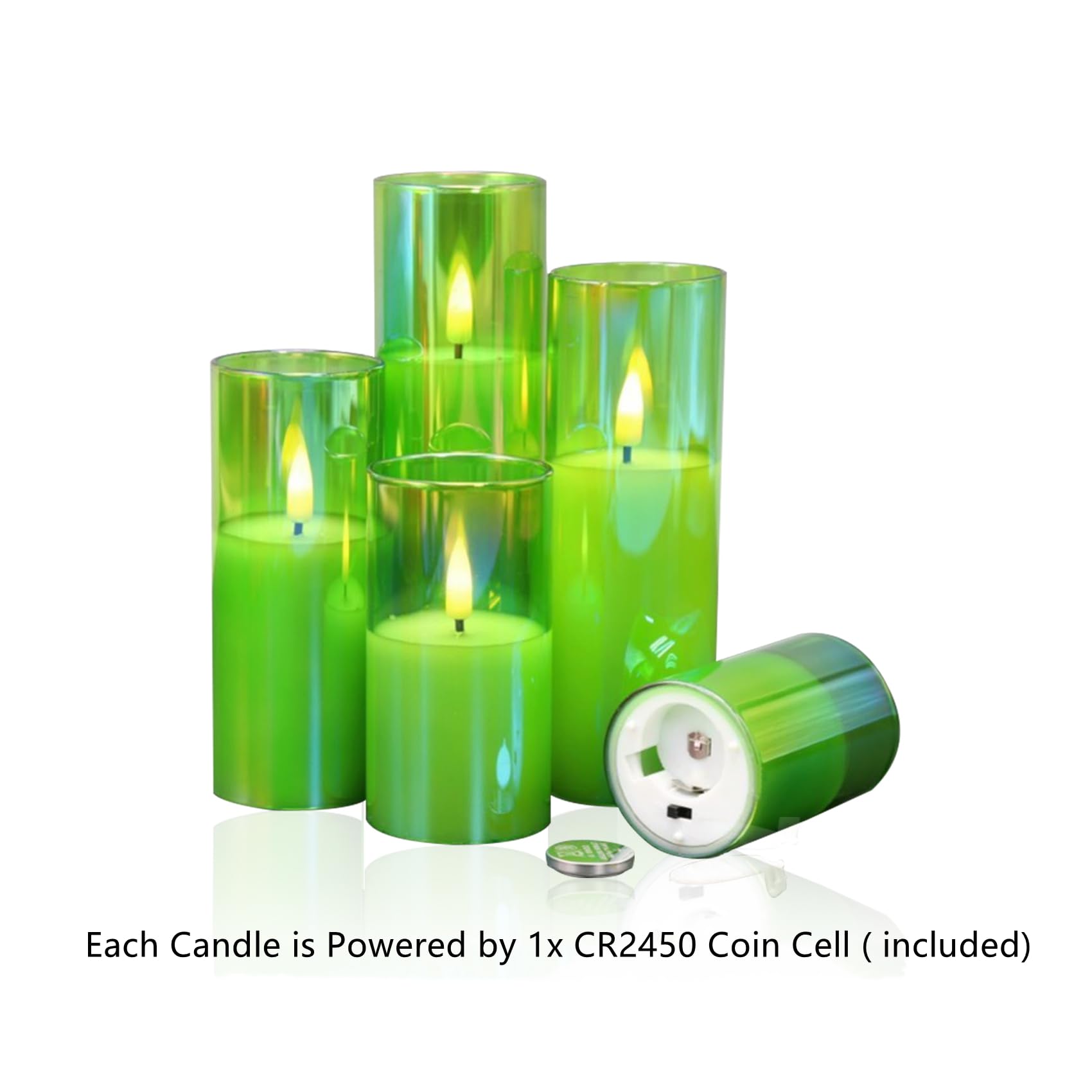 Eywamage 5 Pack Green Glass Flameless Candles With Remote, Flickering Slim Tall Led Pillar Votive Candles Battery Included