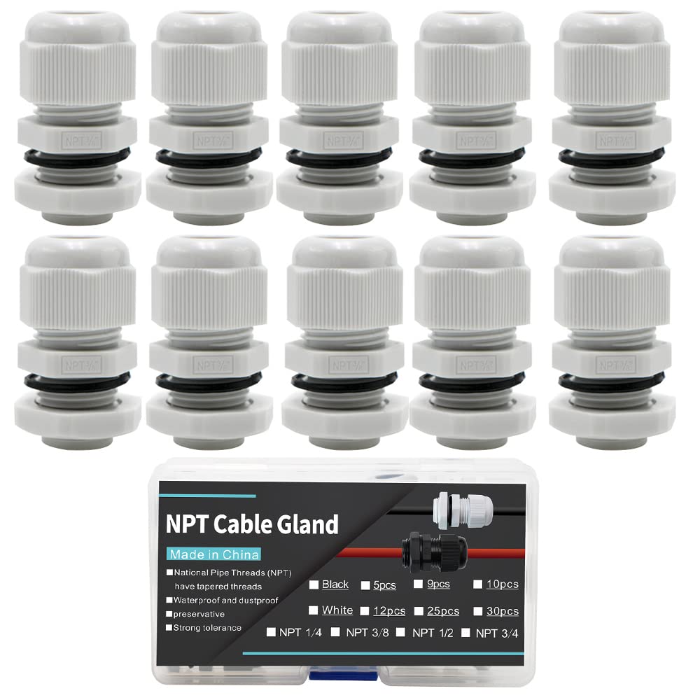 3/8 Cable Glands White Pa66 Connector Ip68 Waterproof Adjustable Cord Grip Strain Relief Connectors Protectors White 10Pcs With