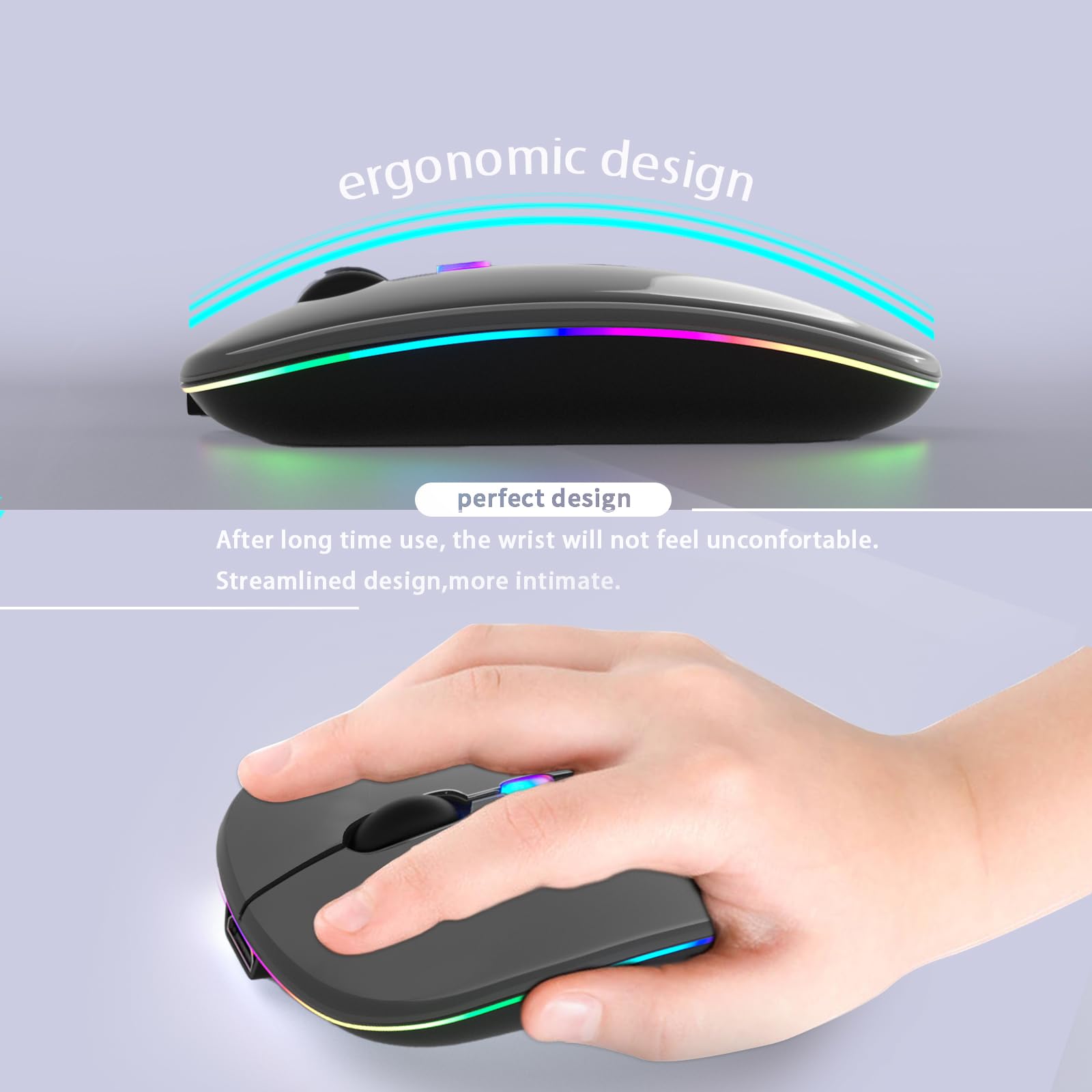 Kanmabpc Wireless Bluetooth Mouse, Rechargeable Led Dual Mode Mouse (Bluetooth 5.2 And Usb Receiver) Portable Silent Mouse,For L