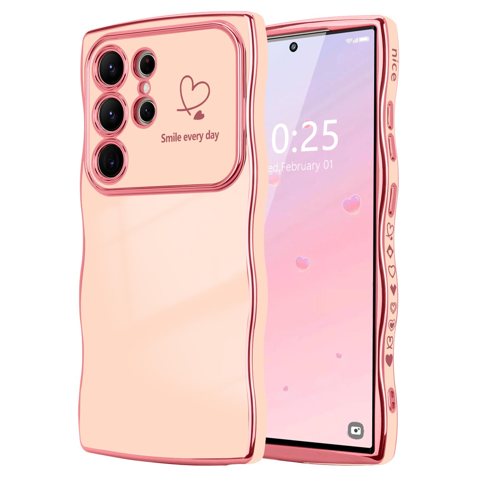 Lchulle For Samsung Galaxy S23 Ultra Case For Women Girls, Cute Wave Frame Curly Shape With Love Heart Raised Camera Protection