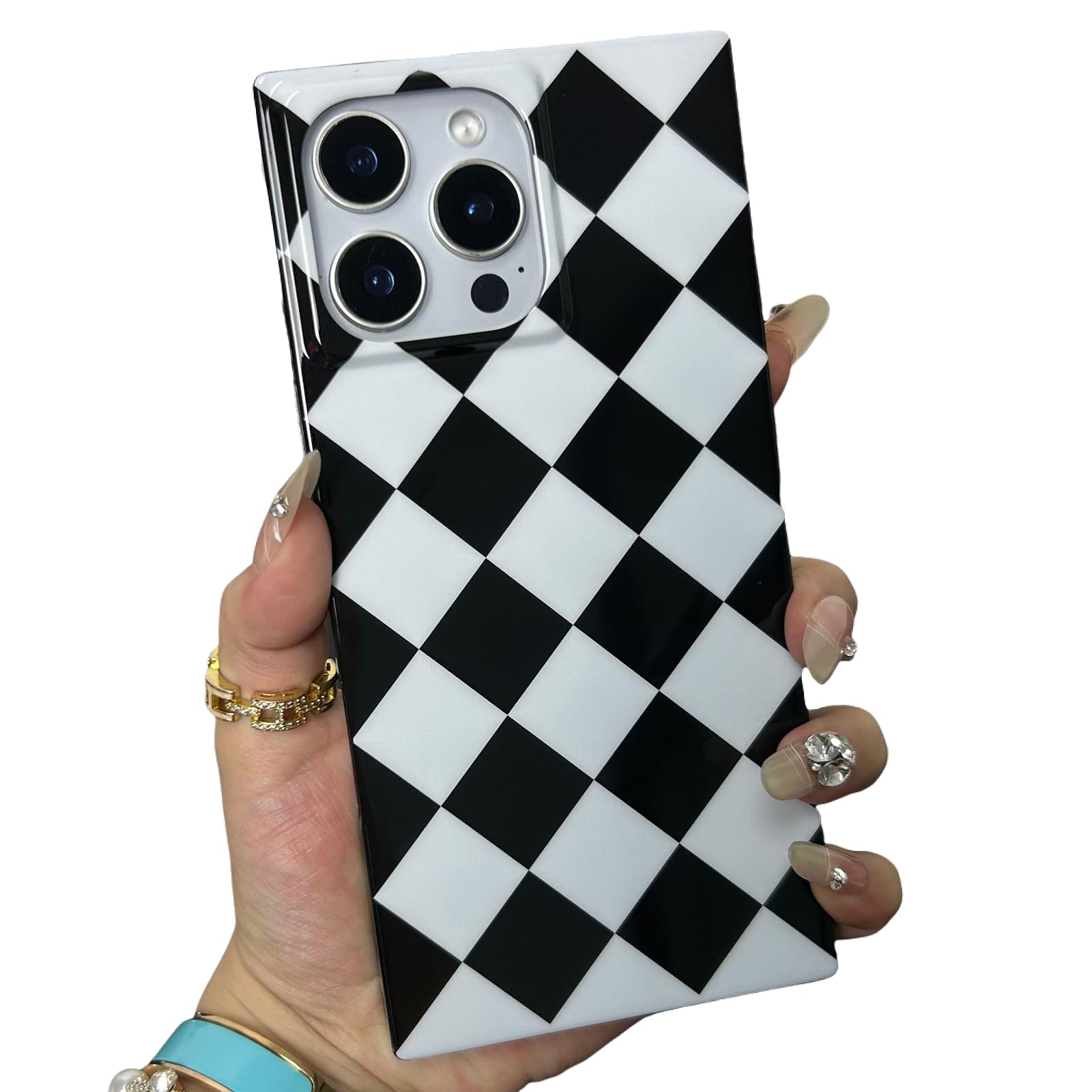RoyMonkey Checkered Magnetic Case for iPhone 15 Pro Max Compatible with Magsafe - Rectangular Diamond Checkerboard Pattern - Glo