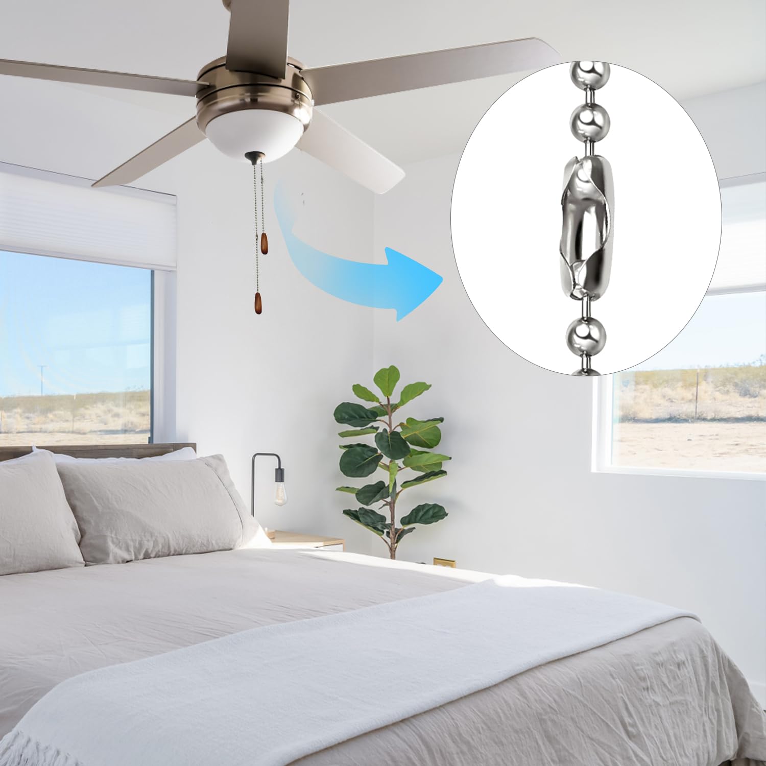 Ceiling Fan Pull Chain Extender, 12Feet 3Mm Diameter Beaded Ball Fan Light Extension Pull Chain With 10 Matching Connectors(Silv