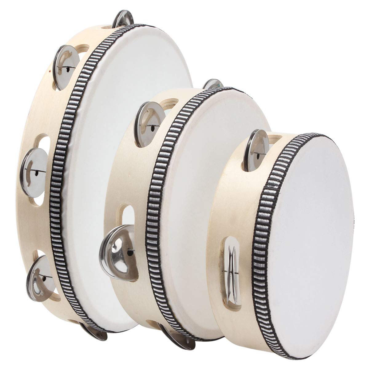 Fengwu 3 Pack Tambourine For Adults Wooden Tambourine 6 Inch 7 Inch 10 Inch Hand Held Tambourine Metal Jingles Single Row Instru