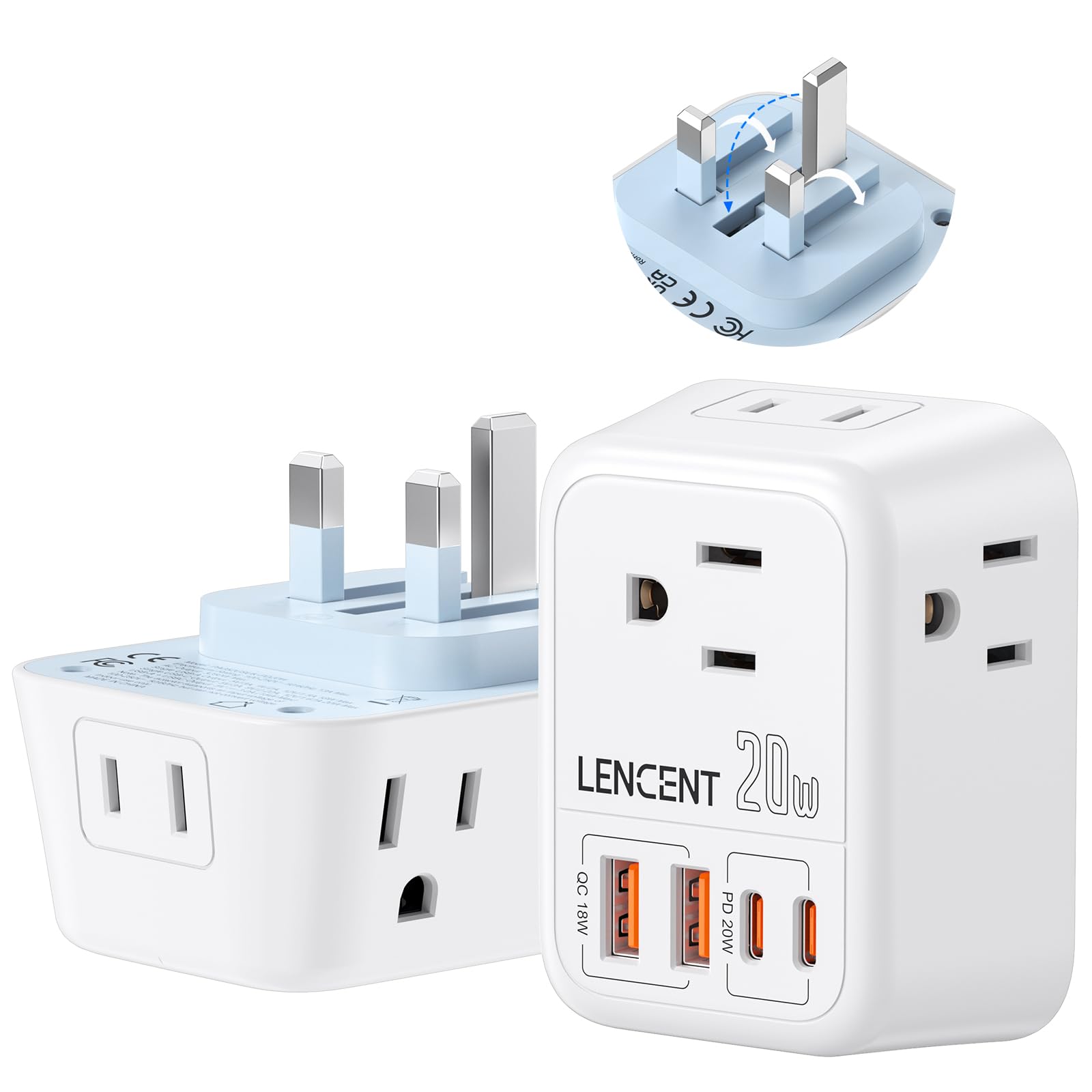 Lencent Foldable Us To Uk Ireland Travel Plug Adapter, Pd 20W Type G Power Adaptor With 4 Outlet, Usb C Fast Charger Adapter, Us