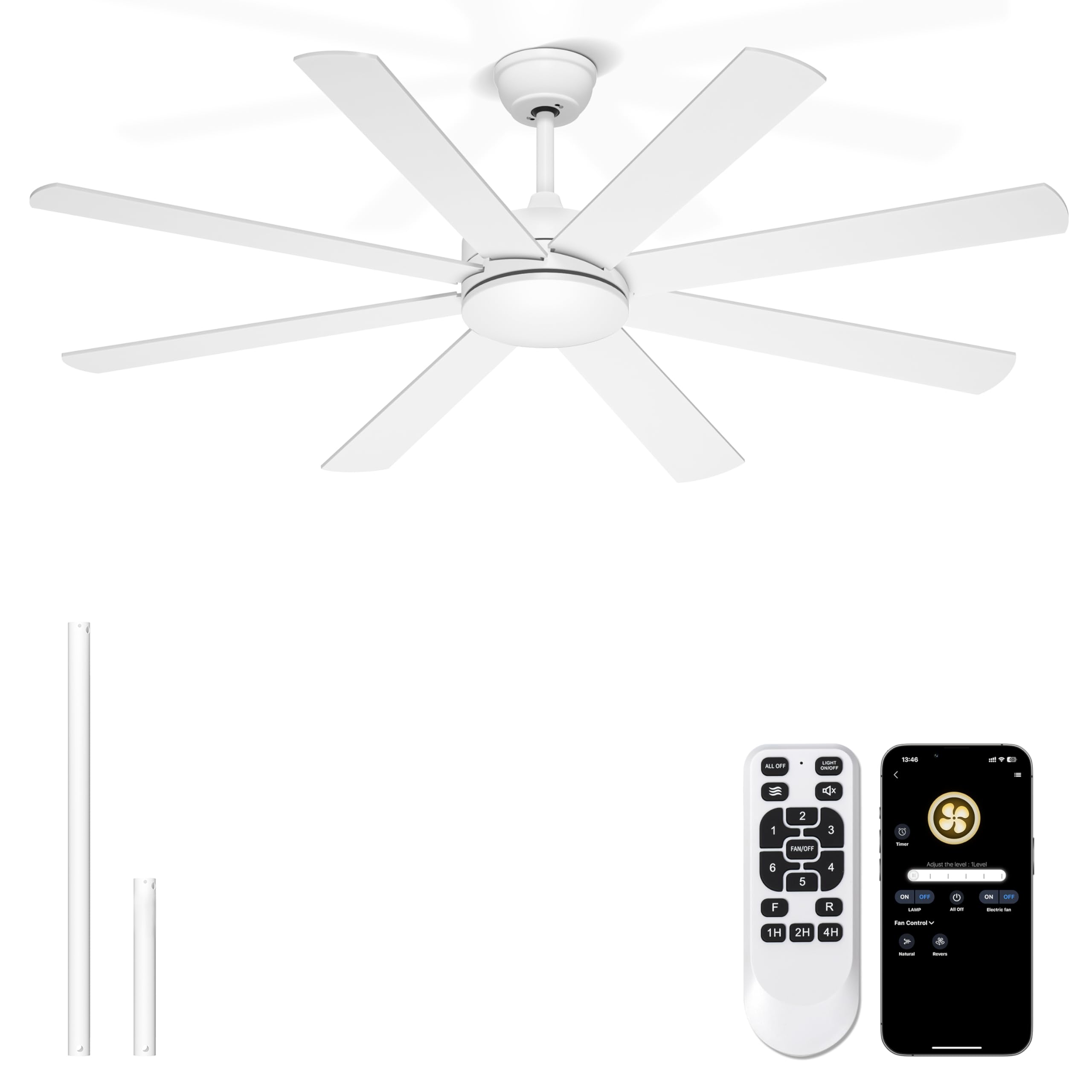 Phylluz 60 Inch Ceiling Fans Without Lights - 8 Blades White Ceiling Fan Remote/APP Control, Reversible Garage Ceiling Fan for S
