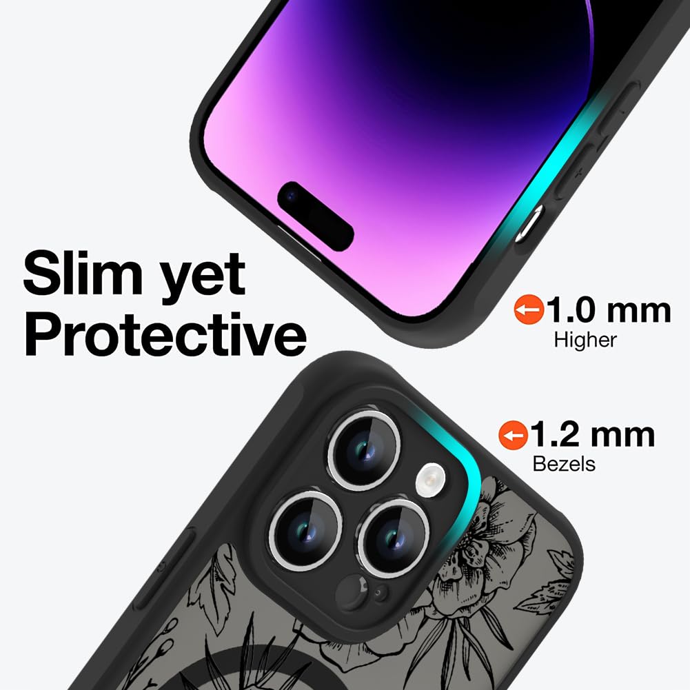 Ook Magnetic For Iphone 14 Pro Case Black Flower Floral Pattern [Compatible With Magsafe] Slim Translucent Matte Camera Lens Pro