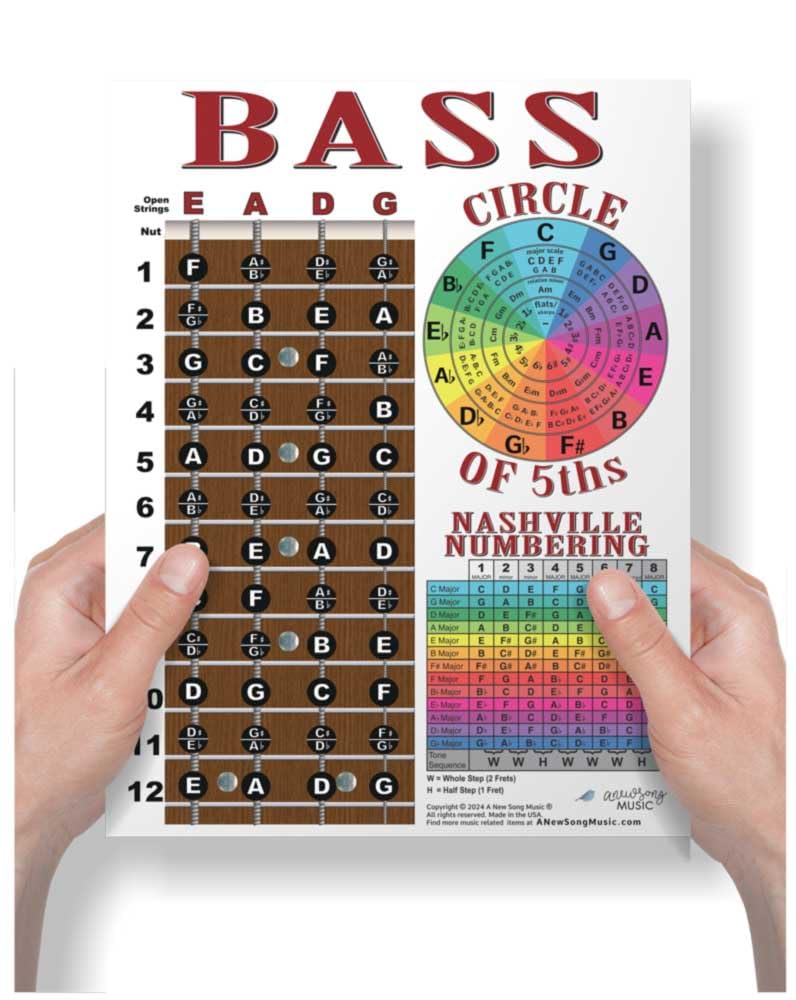 Laminated 4 String Bass Fretboard Notes Chart Nashville Number System & Circle Of 5Ths Easy Instructional Poster For Beginner Fo
