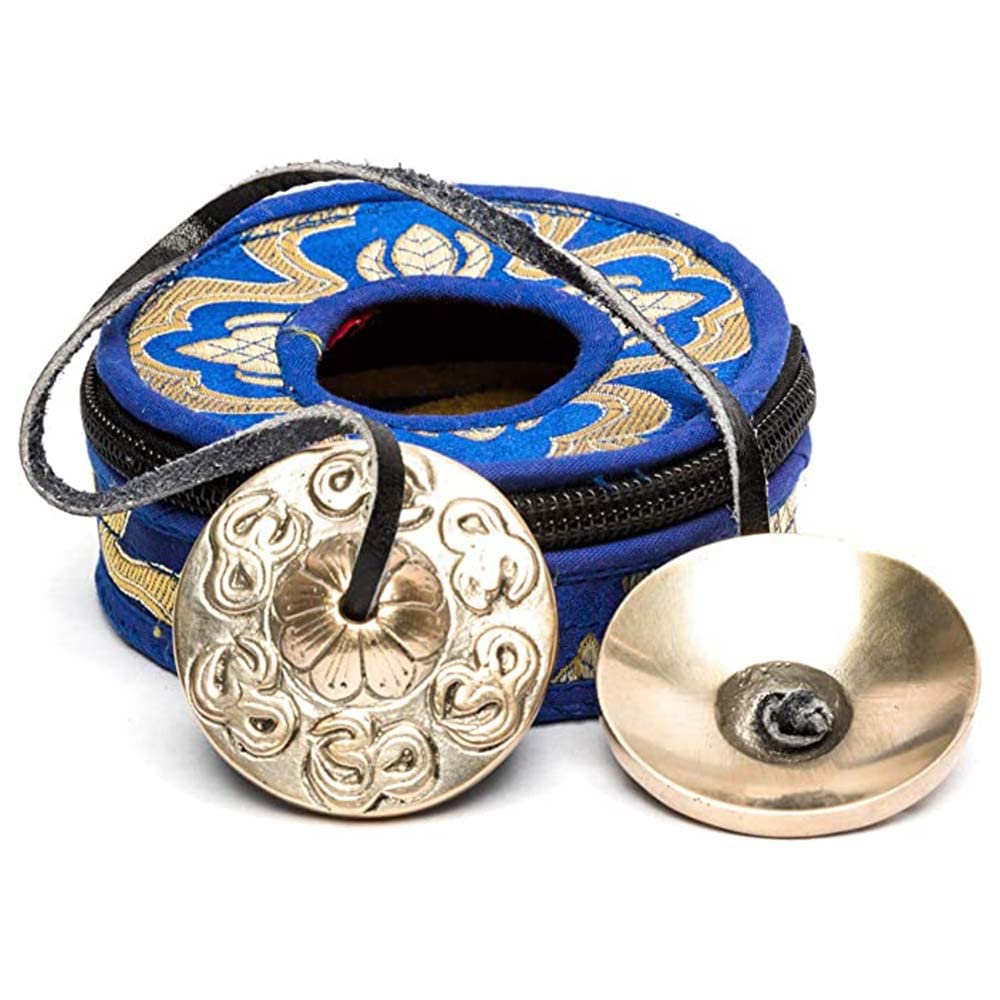 Lamatar1 Buddhist Tingsha Symbols- 2 Inch Mini Size With Blue Cotton Zip-Up Case Bag -Hand Made From Nepal- For Sound Therapy, C