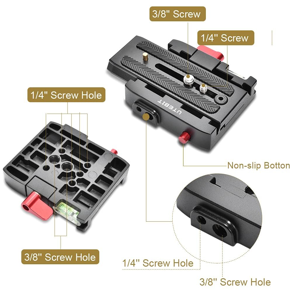 Utebit P200 Quick Release Plate   Aluminum Alloy Camera Tripod Base Plate With 1/4' And 3/8' Screw Hole Compatible With Sony A6400 Manfrotto Only