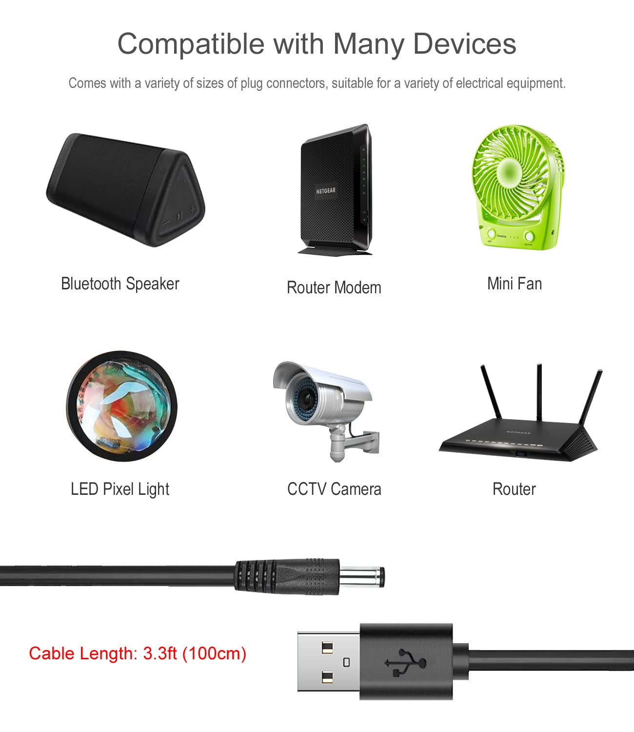 5V Dc Power Cable, Usb To Dc 5.5X2.1Mm Plug Charging Cord With 8 Connectors Adapters Fit For Speaker, Router, Led Light, Moon La