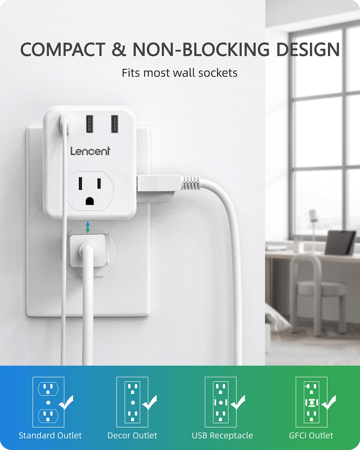 Lencent Multi Plug Outlet Extender, 2 Pack, 3 Outlets Splitter With 3 Usb Ports, Usb Brick, Wall Charger, 3 Prong Power Charging