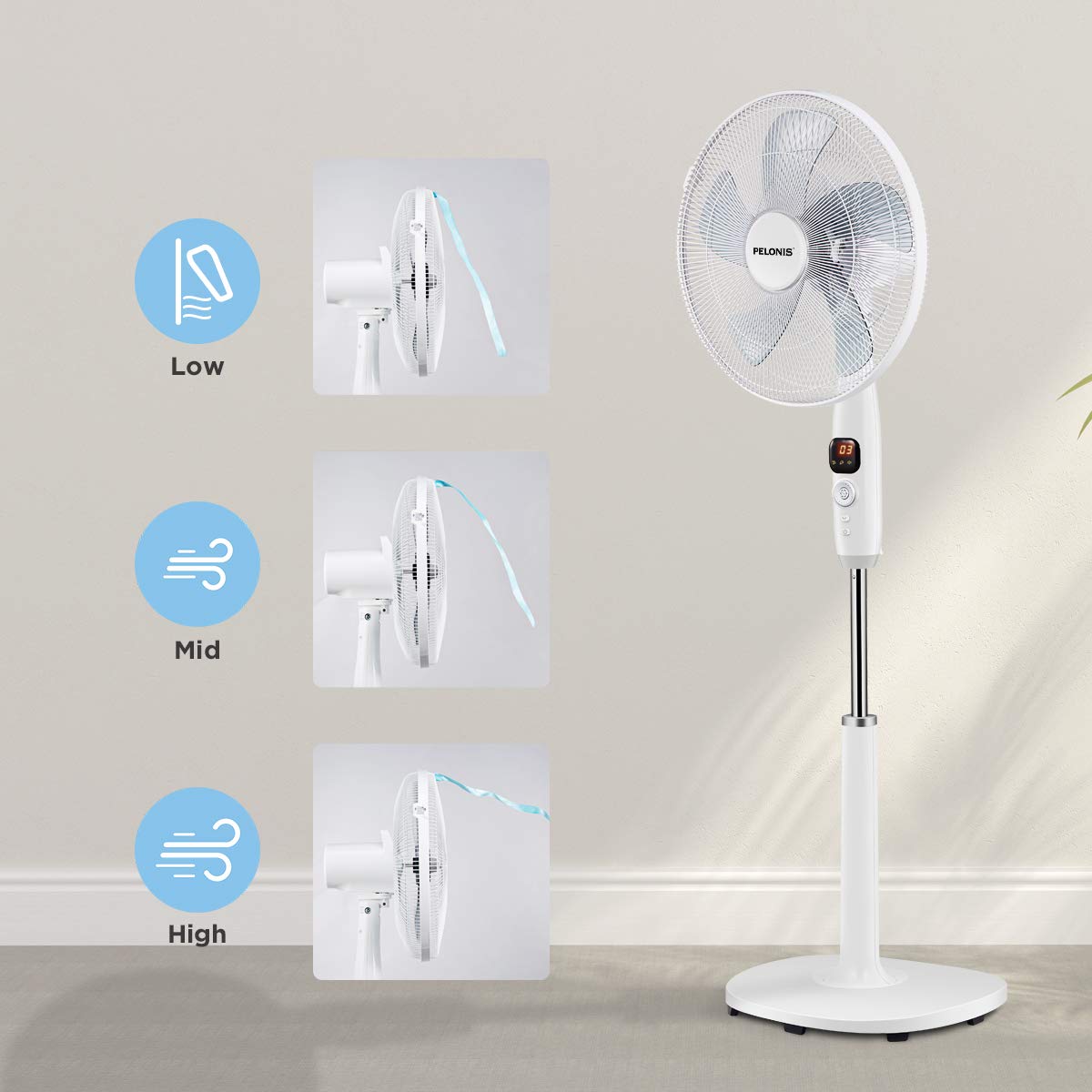 Pelonis 16'' Oscillating Pedestal Fan | Standing Adjustable Fan | Ultra Quiet Dc Motor | Remote Control | 3 Modes | 12 Hour Time
