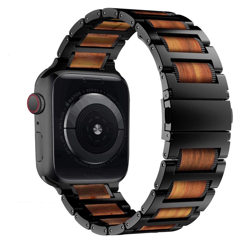 Wolait Compatible With Apple Watch Band Ultra 2 49Mm 45Mm 44Mm 42Mm, Natural Wood Red Sandalwood With Stainless Steel Metal Link