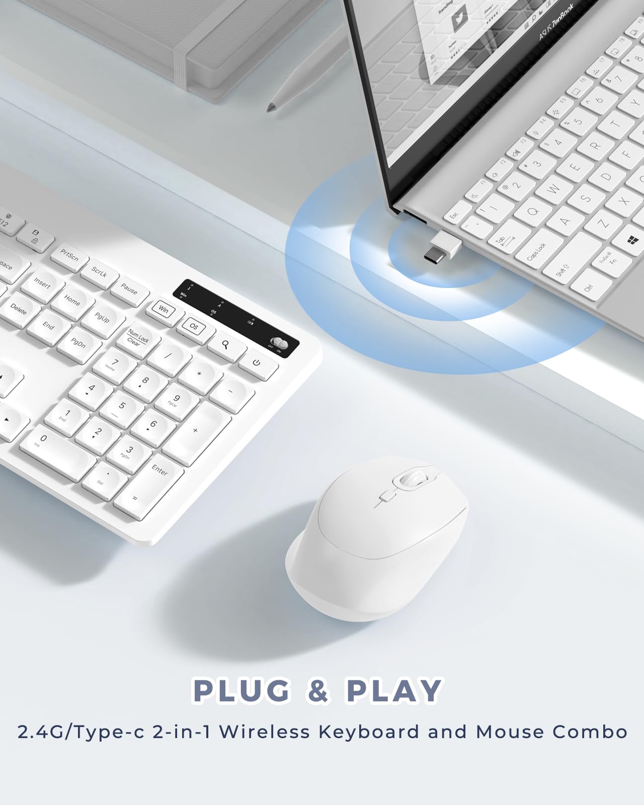 Wireless Keyboard And Mouse White, Vivefox Wireless Keyboard With Phone Holder Usb A & Type C Receiver Full Size Keyboard And Mo