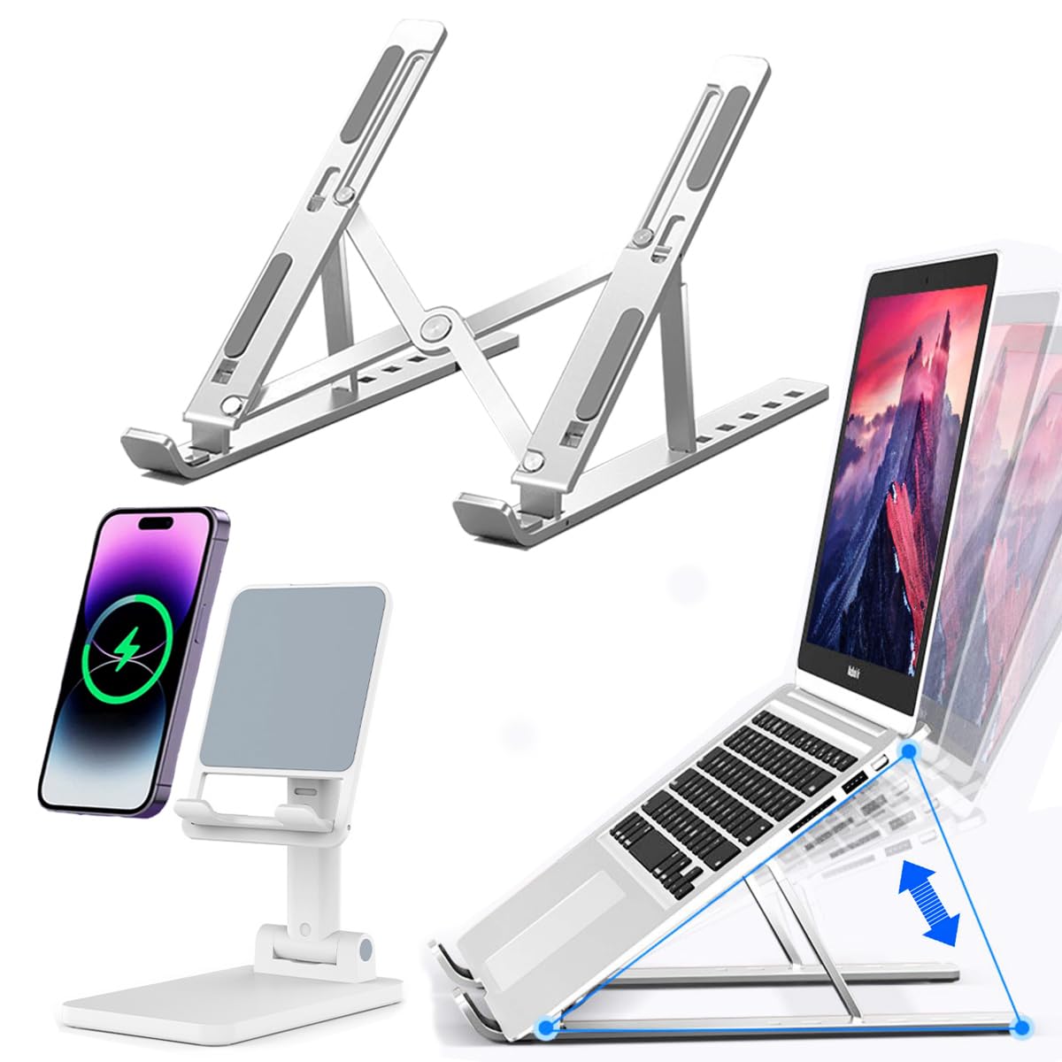 KLAQQED Portable Aluminum Laptop & Phone Stand, Adjustable, Foldable, Ergonomic, for MacBook, iPad, Tablets & Smartphones, Offic