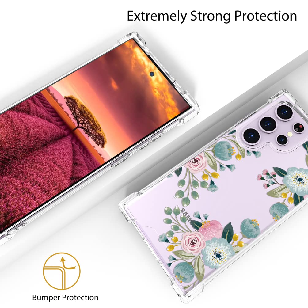 Topgraph Case Cute Flower Floral Clear For Women Girly Designer Girls For Galaxy S23 Ultra, Transparent Phone Case Flower Design
