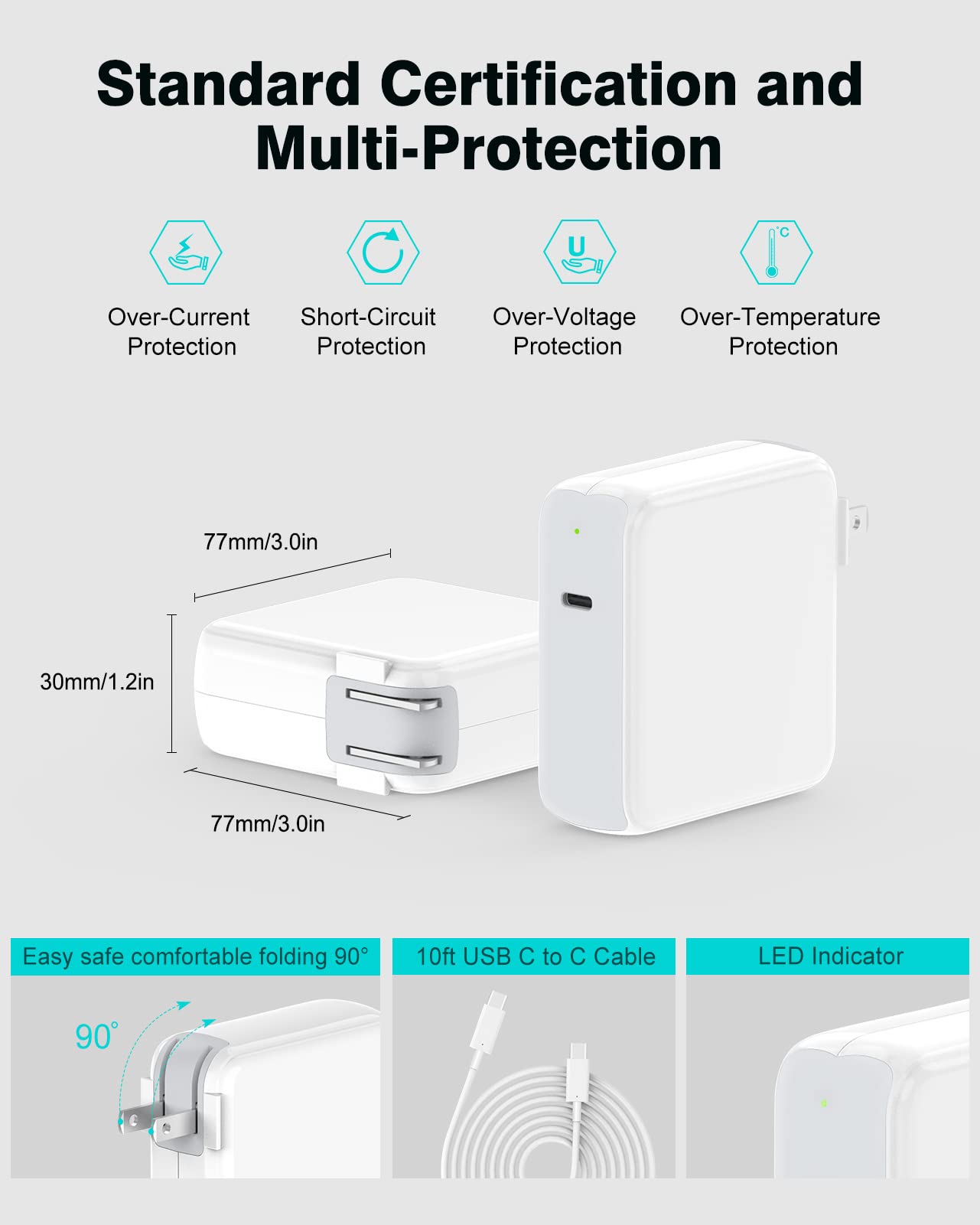 Charger For Macbook Pro 10Ft, 96W Usb C Charger Power Adapter For Macbook Pro 16, 15, 14, 13 Inch 2024, 2023, 2022 2021, 2020, M1 M2 M3 Macbook Air, Led, 100W Usb C Cable Charging As Fast As Magsafe 3