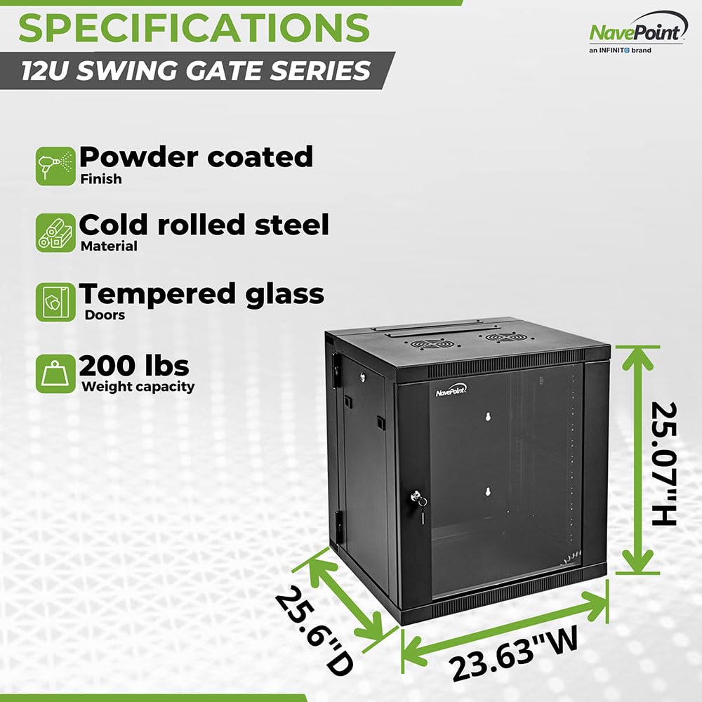 Navepoint 12U Server Cabinet With Hinged Back   25.5    Deep, 12U Server Rack Enclosure With Locking Glass Door, Wall Mount Rack