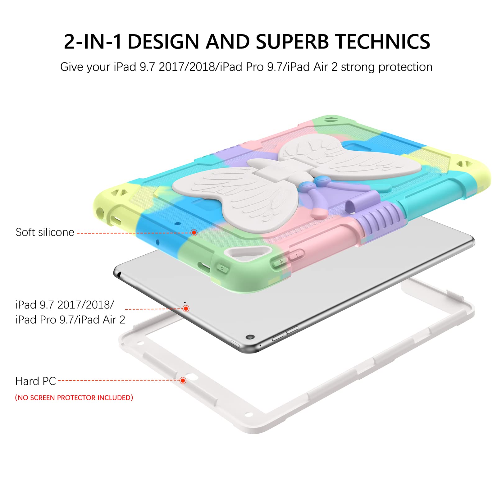 Guagua Compatible For Ipad Air 2 Case For Kids, Ipad 6Th/5Th Generation Case 2018/2017, Ipad Pro 9.7 Case Kickstand 2 In 1 Rugge