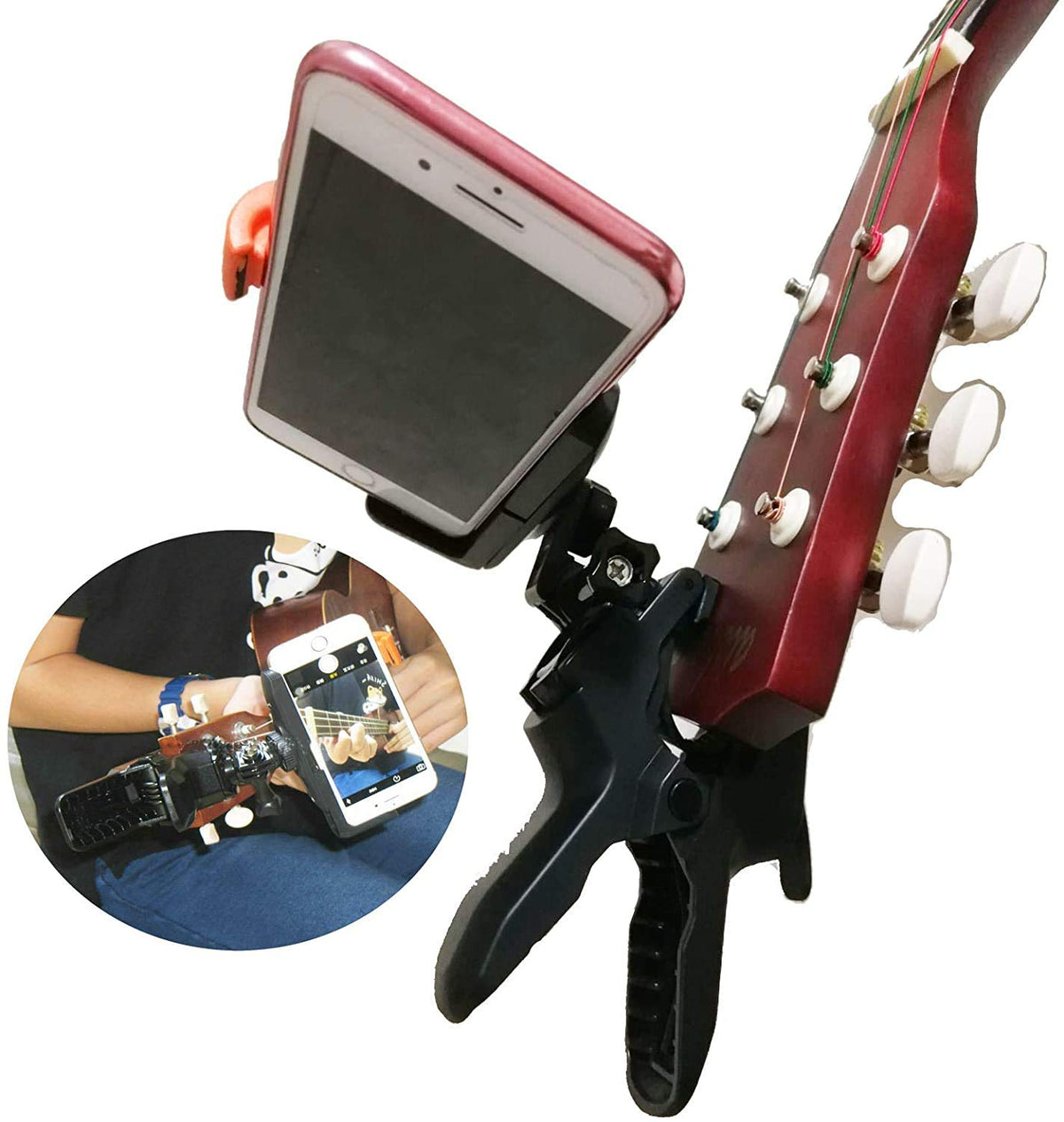 Universal Guitar Headstock Phone/Camera Clamp Clip Mount For All Smartphones And Gopro Action Cameras ~ Close Up Home Recording 