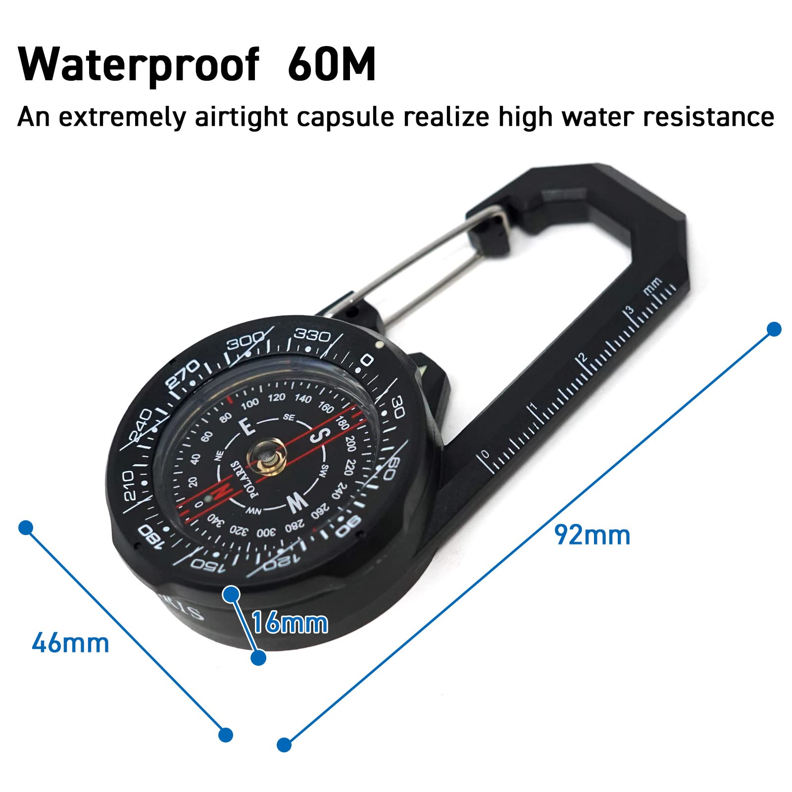 Polaris Tough Clip On Compass 60M Waterproof With Rotating Bezel Water Resistant For Outdoor Hiking Survival Backpack Climbing O