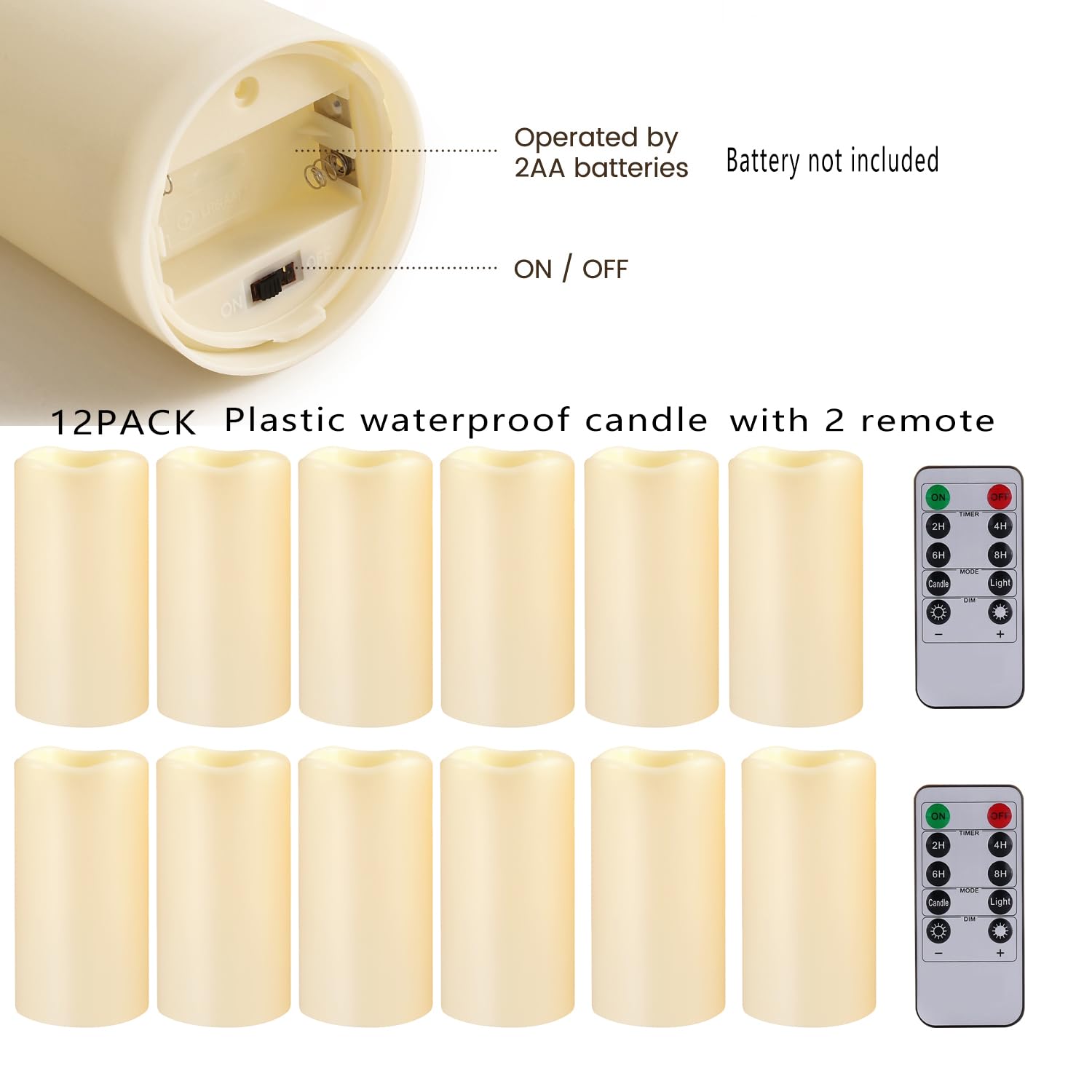 12Pack Waterproof Flameless Candles With Remote Control Candle, Battery Operated Flickering Led Pillar Candle Plastic,Large Size