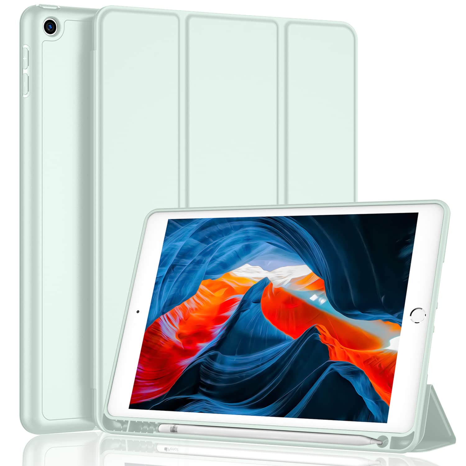 Imieet Ipad Case 2021/2020/2019 10.2 Inch, Soft Silicone Back, Pencil Holder, Auto Wake/Sleep Cover (Pale Green)