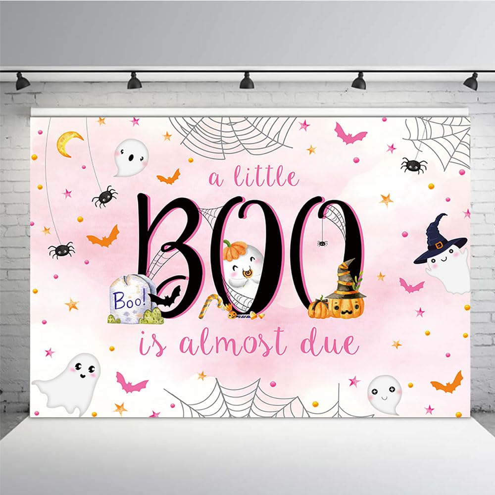 Mehofond 7X5Ft Halloween Baby Shower Backdrop A Little Boo Is Almost Due Pink Watercolor For Girls Background With Spider Web Ba
