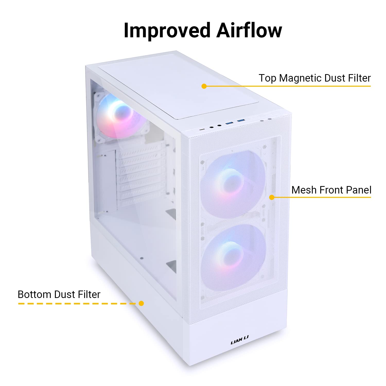 Lian Li High Airflow Mid Tower Atx Pc Case With Rgb Fans, Tempered Glass Side Panel, Usb C Port (Lancool 205 Mesh C, White)