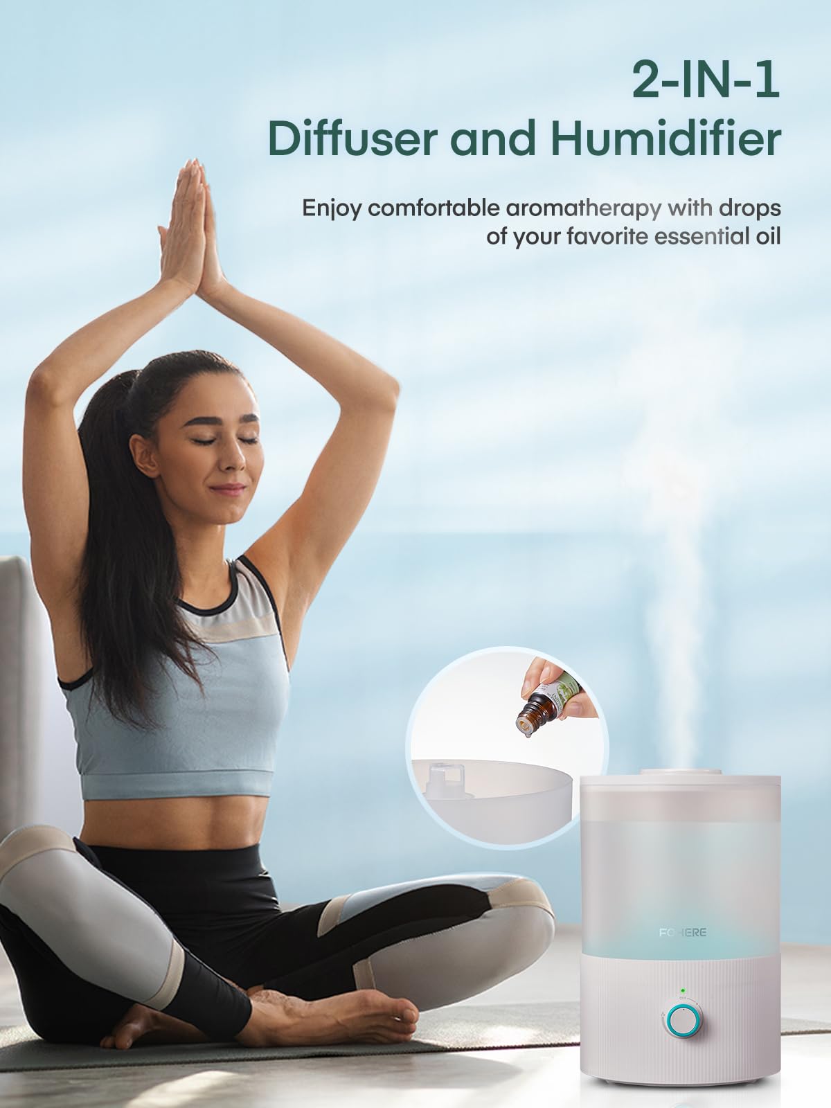 Fohere Humidifiers For Bedroom, 3.2L Top Fill Cool Mist Ultrasonic Humidifier For Baby Rooms And Plants, 2 In 1 Essential Oil Di