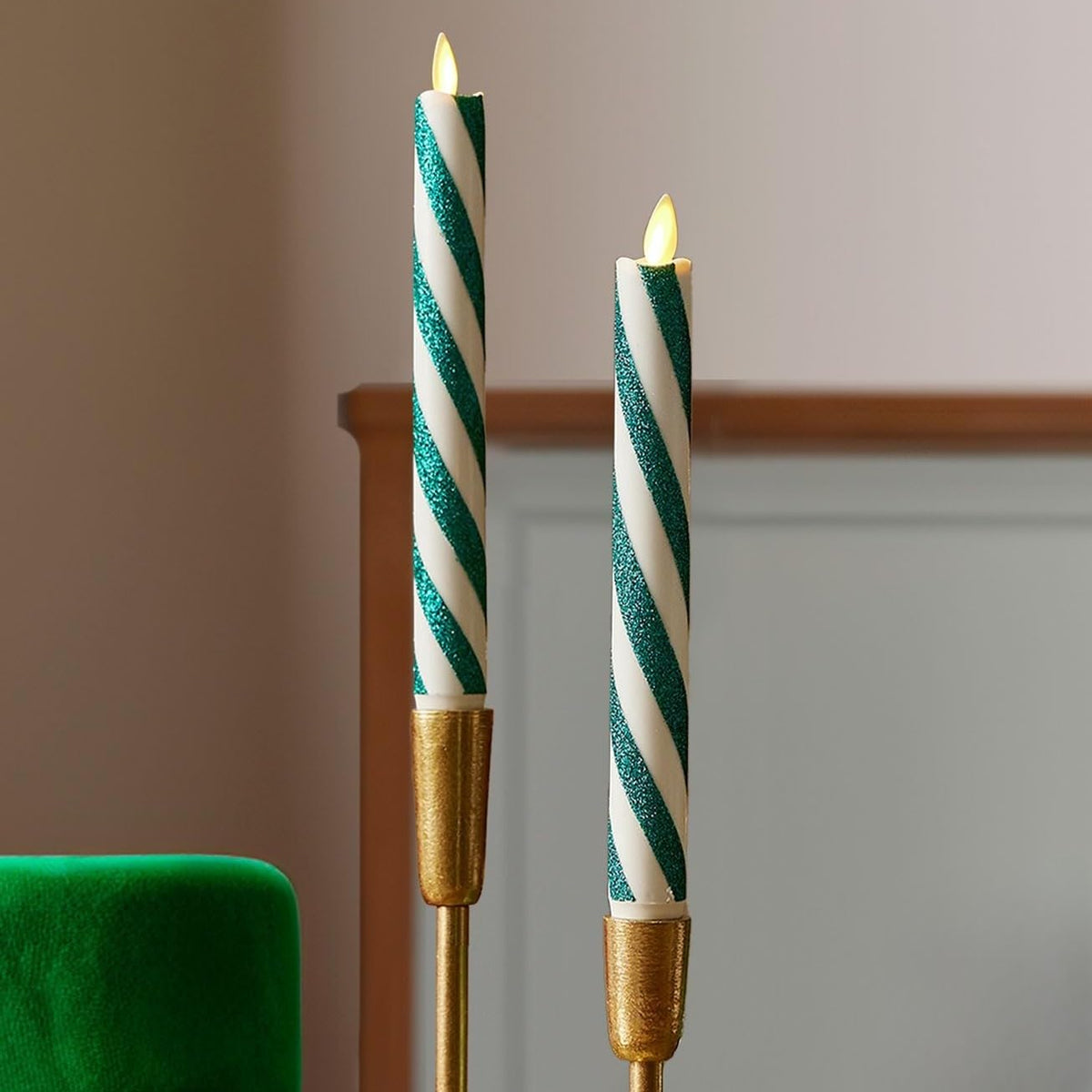 Luminara - Flameless Battery Operated Taper Candle - Candy Cane Green- Pack Of 2-1X9.75 - Led Flickering Flame- Realistic Safe F